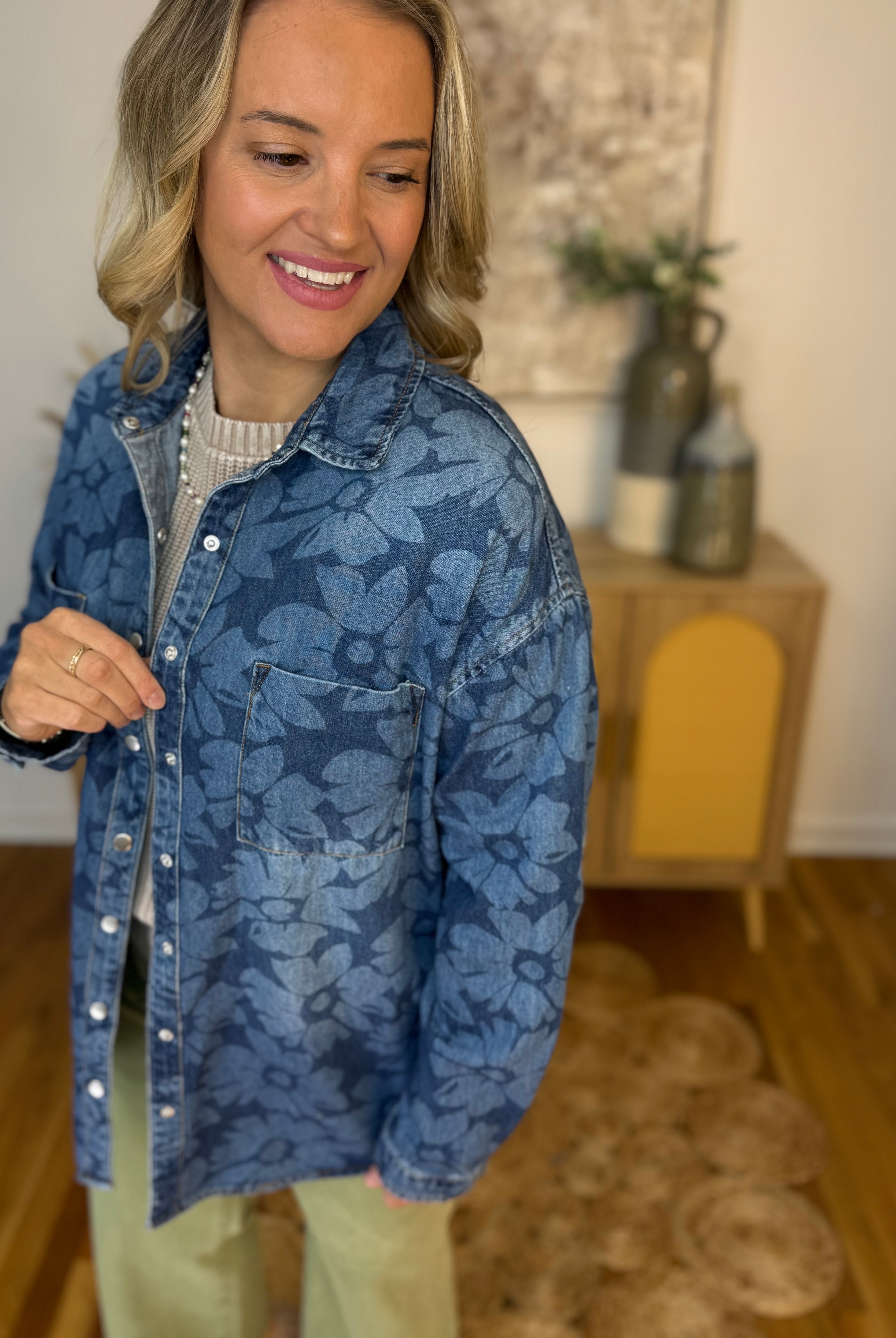 RISEN Floral Print Denim Shirt-110 Long Sleeve Top-Risen-The Lovely Closet, Women's Fashion Boutique in Alexandria, KY