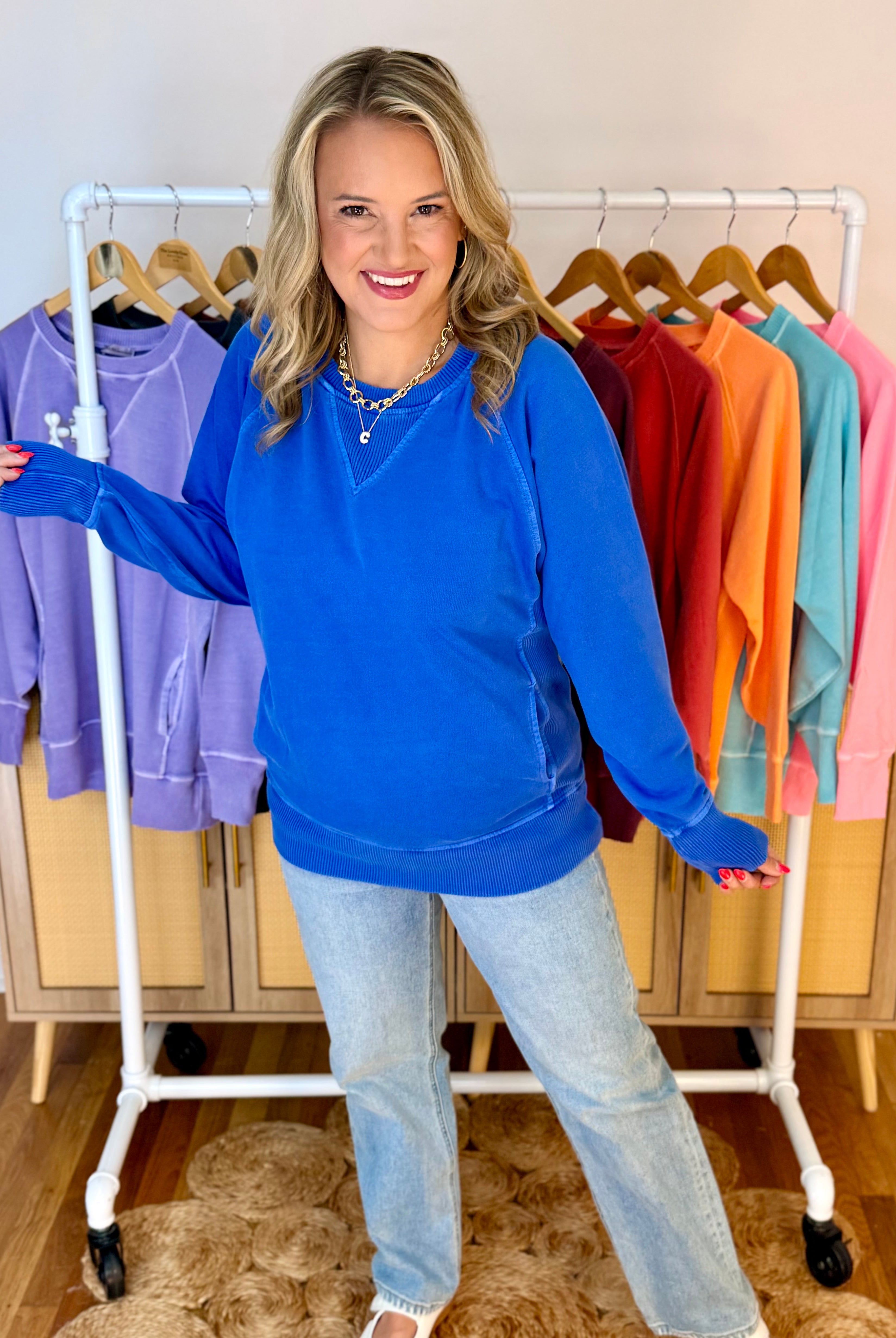 Keeping it Casual Pullover 2026 - Bright Blue-150 Sweatshirts-zenana-The Lovely Closet, Women's Fashion Boutique in Alexandria, KY