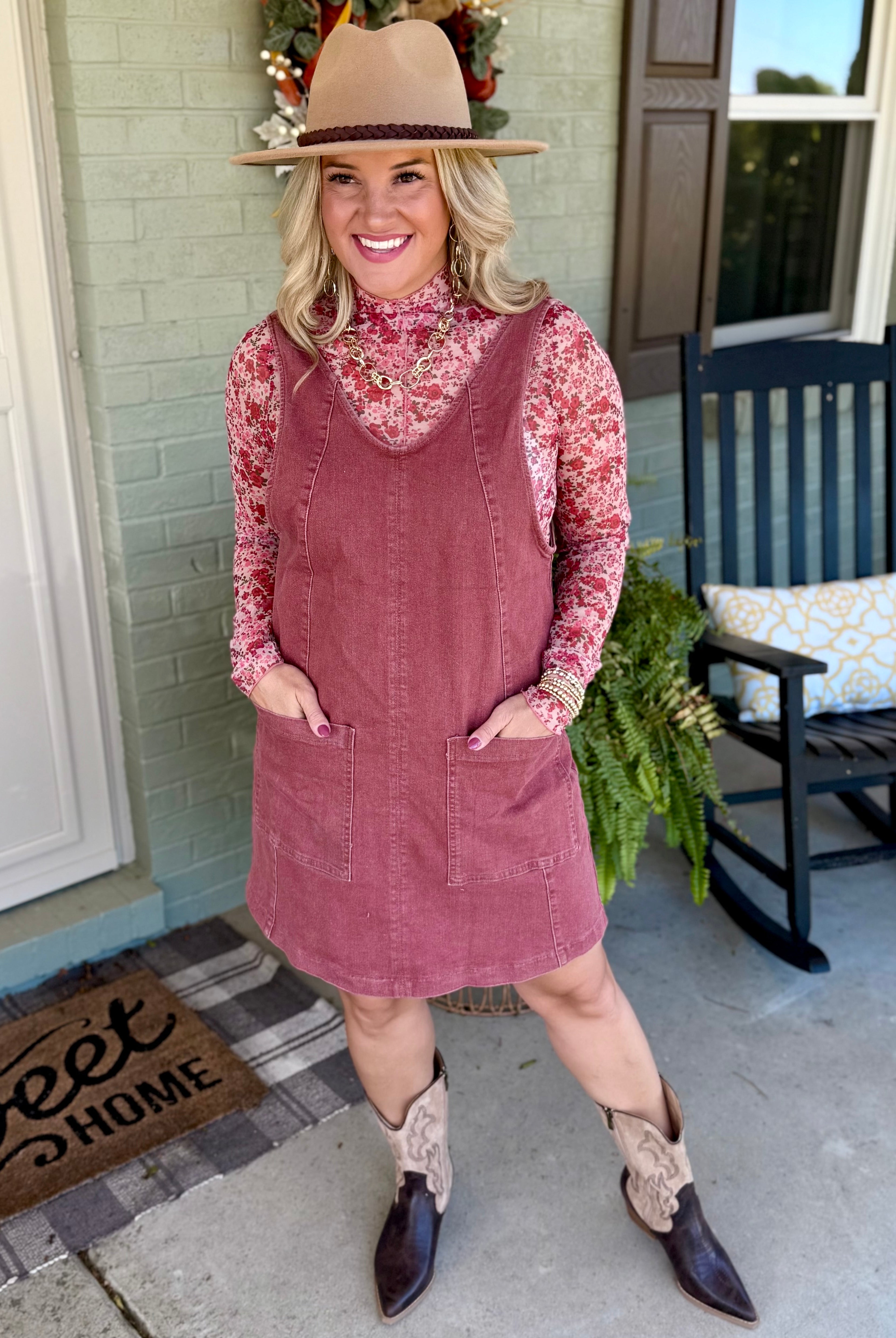 Maple Lane Overall Mini Dress - Brick-180 Dresses-Anniewear-The Lovely Closet, Women's Fashion Boutique in Alexandria, KY