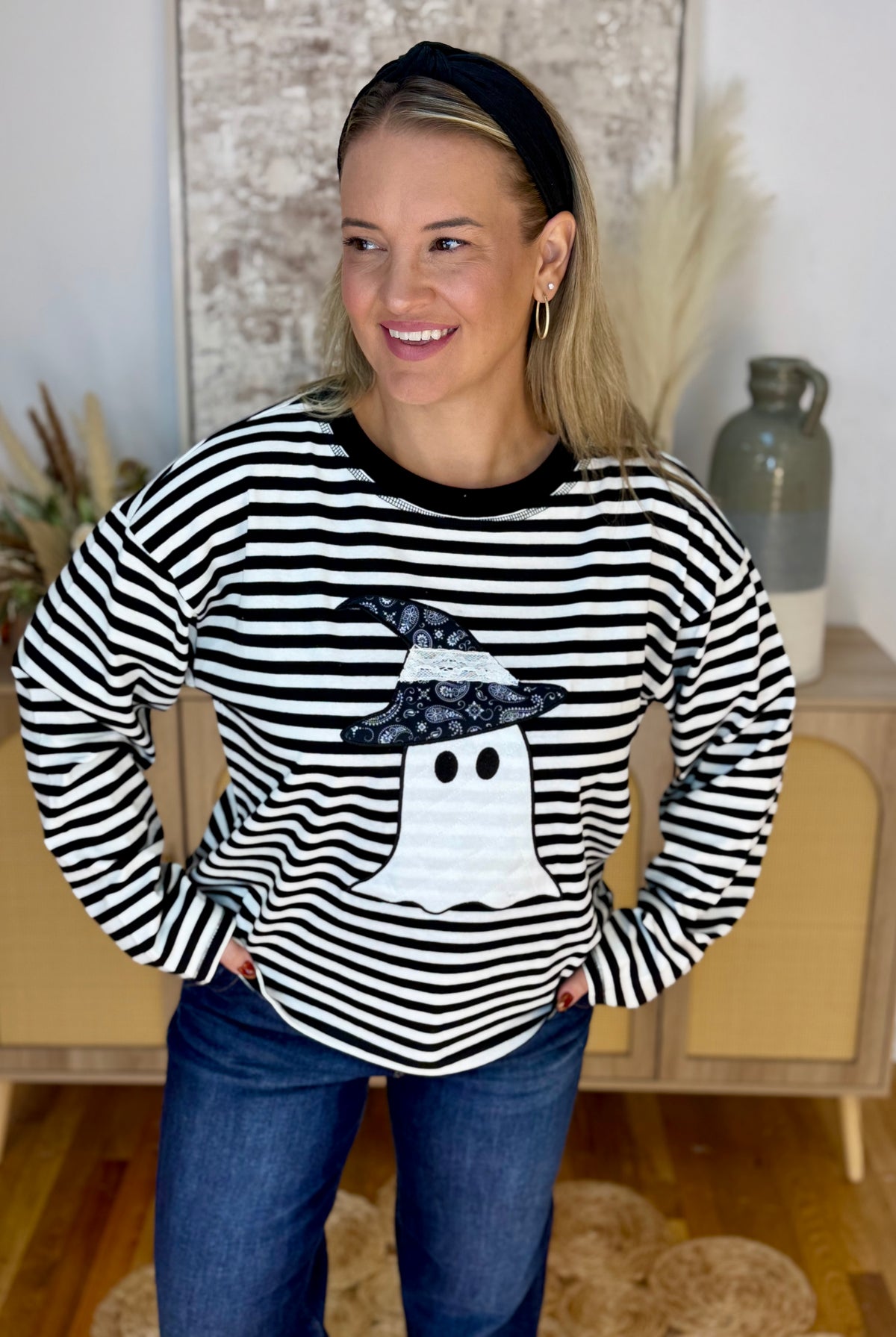 Halloween Ghost Striped Top-110 Long Sleeve Top-Main Strip-The Lovely Closet, Women's Fashion Boutique in Alexandria, KY