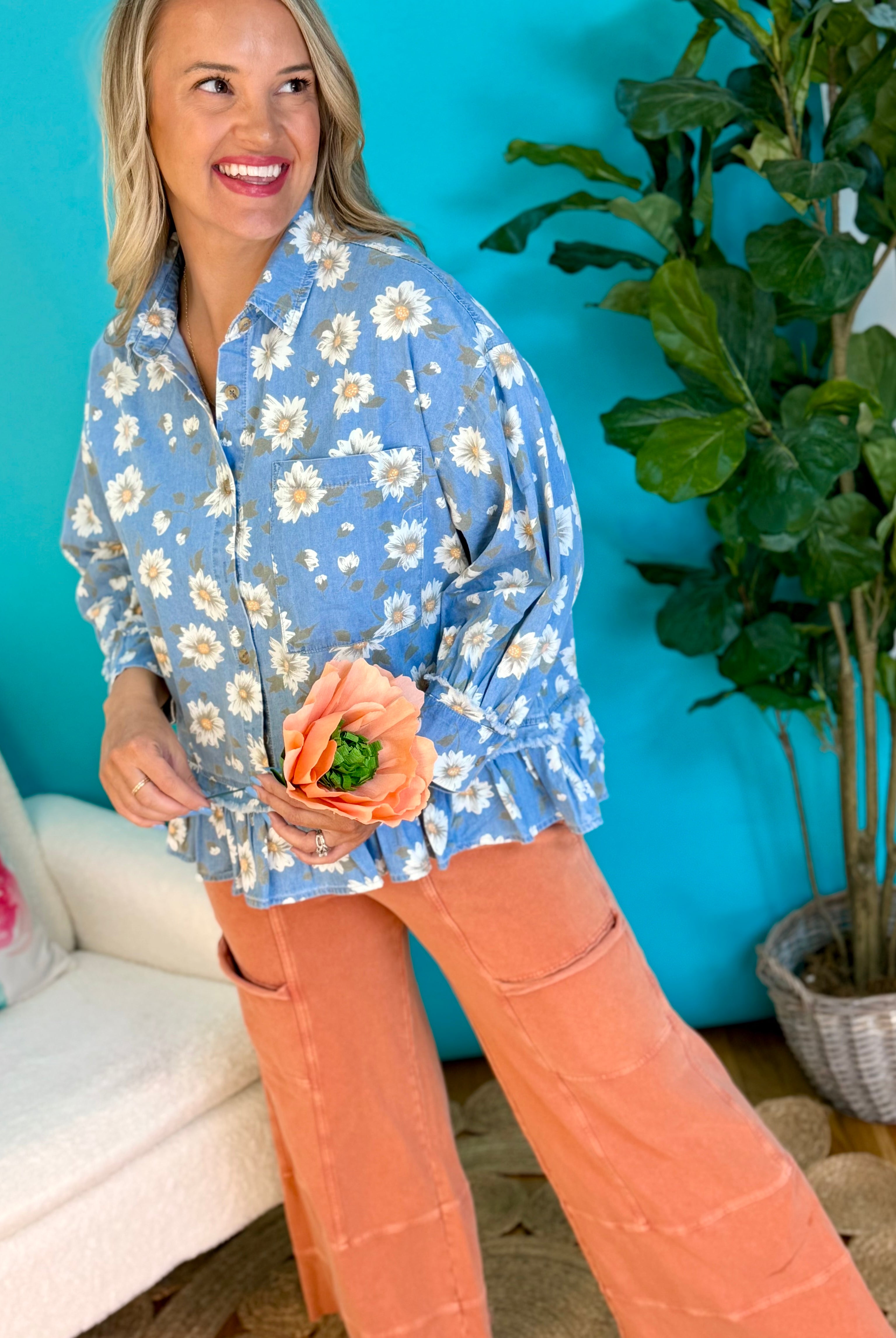Daisy Print Denim Top-110 Long Sleeve Top-easel-The Lovely Closet, Women's Fashion Boutique in Alexandria, KY