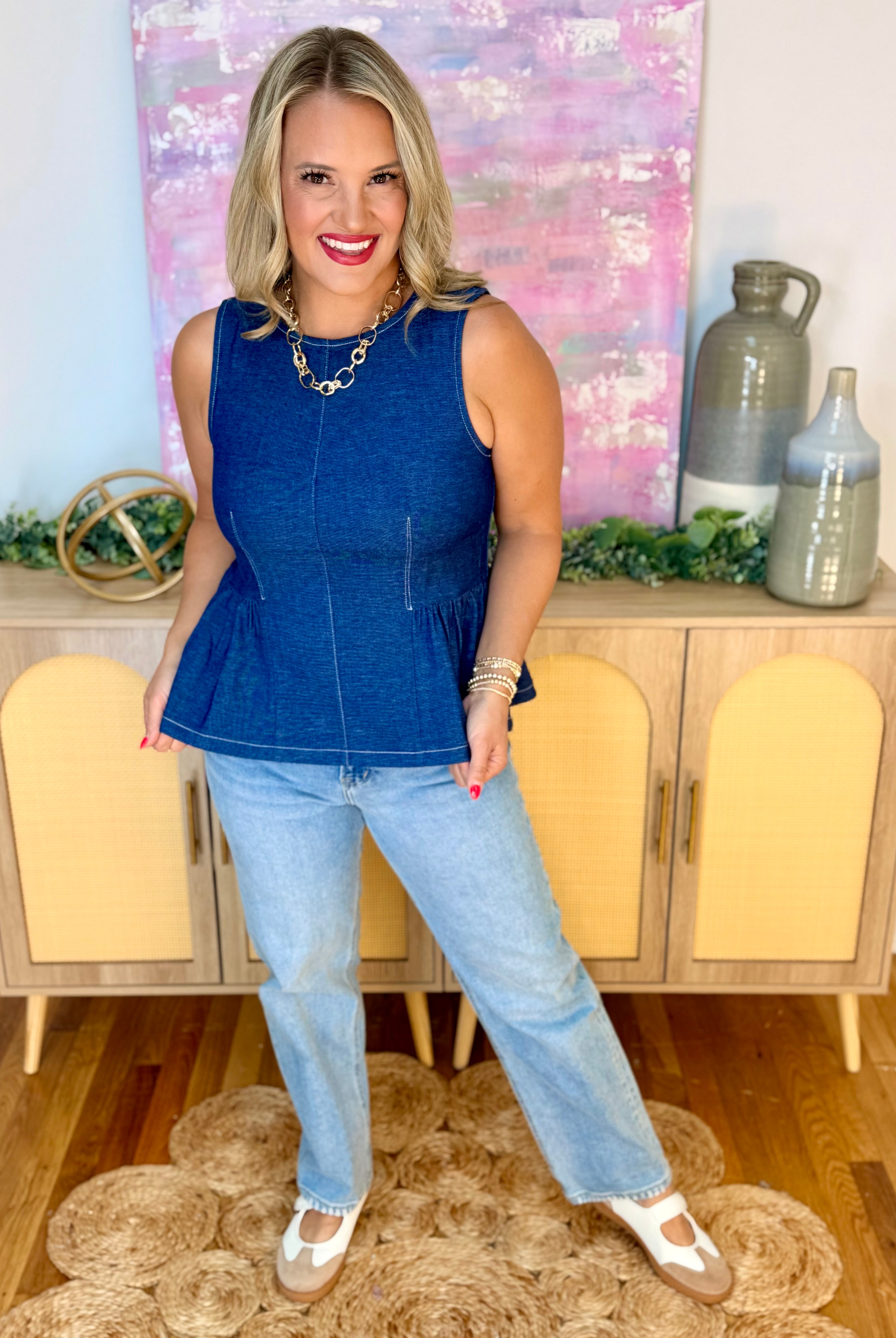 Darling Days Peplum Top - Denim Blue-120 Sleeveless Tops-She + Sky-The Lovely Closet, Women's Fashion Boutique in Alexandria, KY