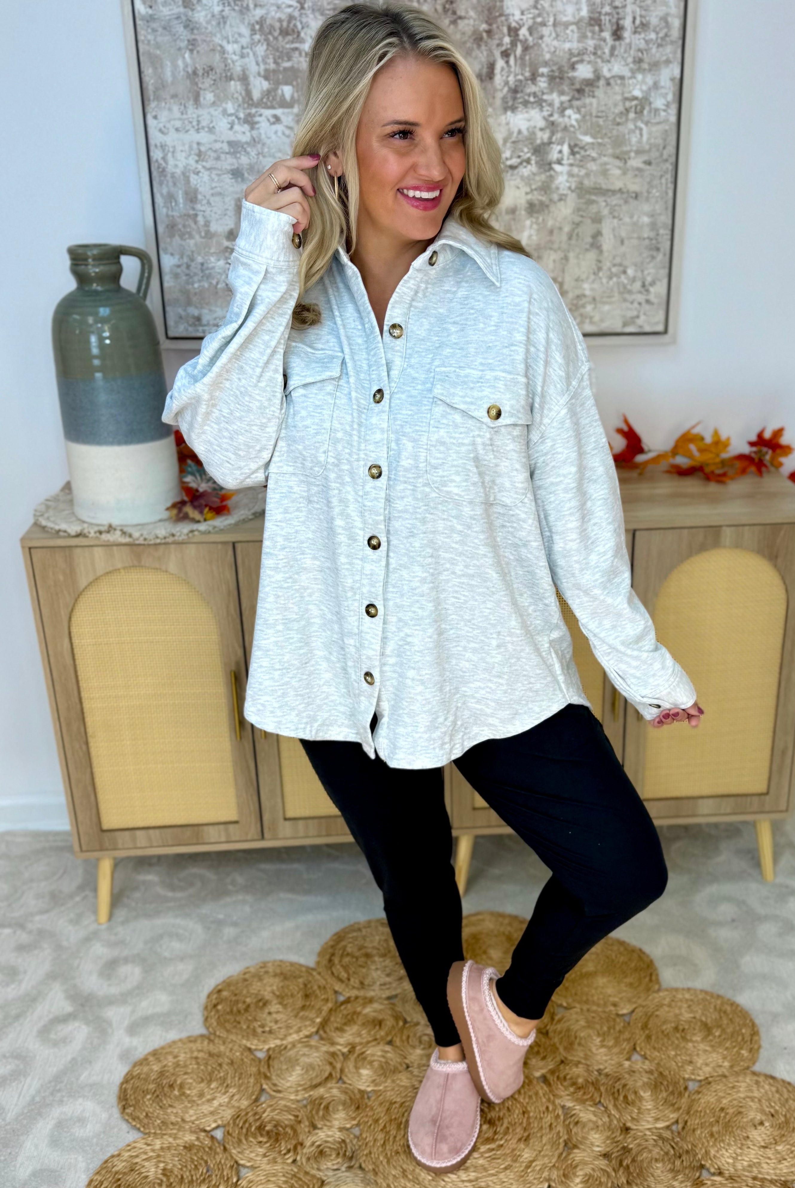 Cozy Season Button Down Shacket - Grey-170 Jackets/Outerwear-White Birch-The Lovely Closet, Women's Fashion Boutique in Alexandria, KY