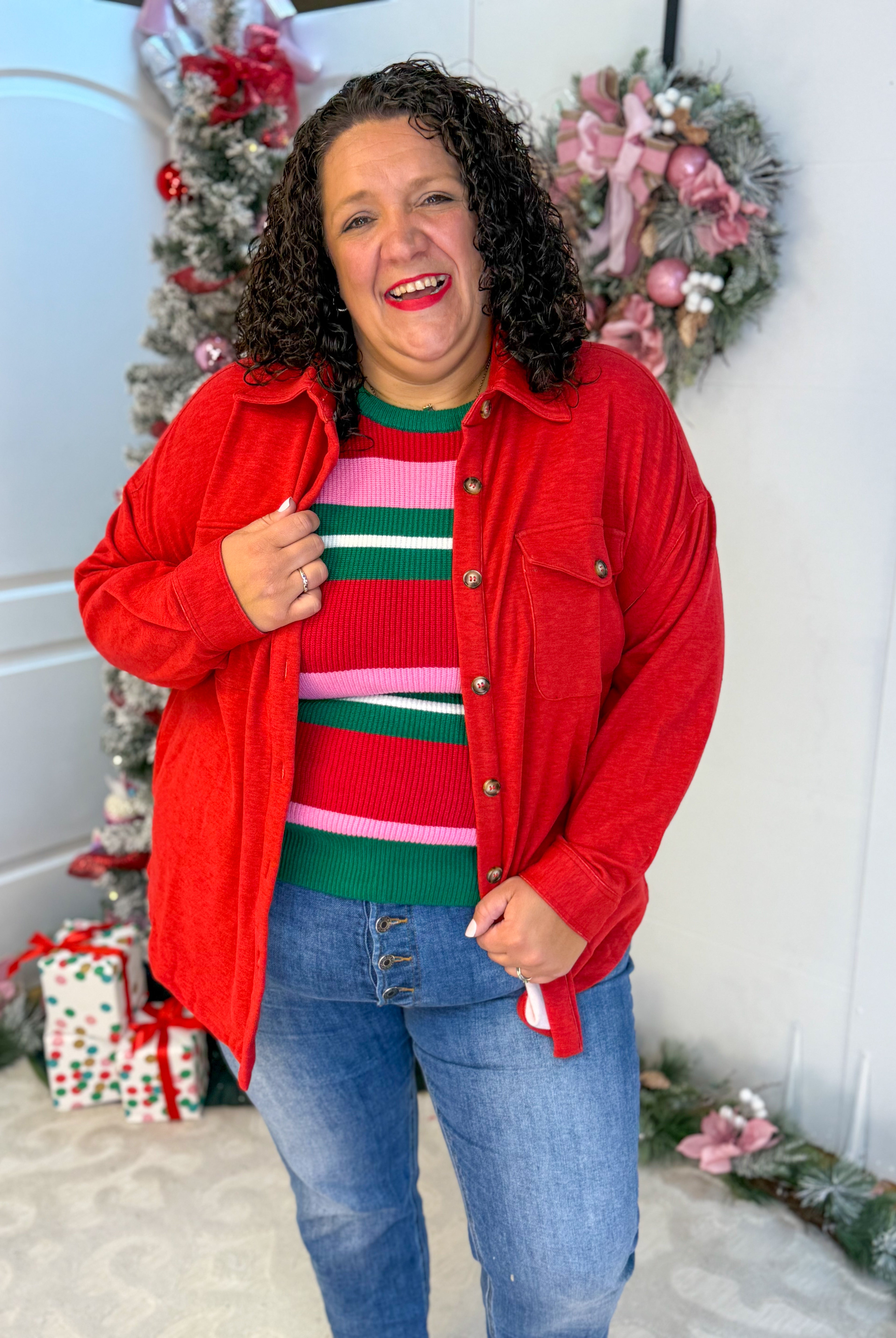Cozy Season Button Down Shacket - Red-170 Jackets/Outerwear-White Birch-The Lovely Closet, Women's Fashion Boutique in Alexandria, KY
