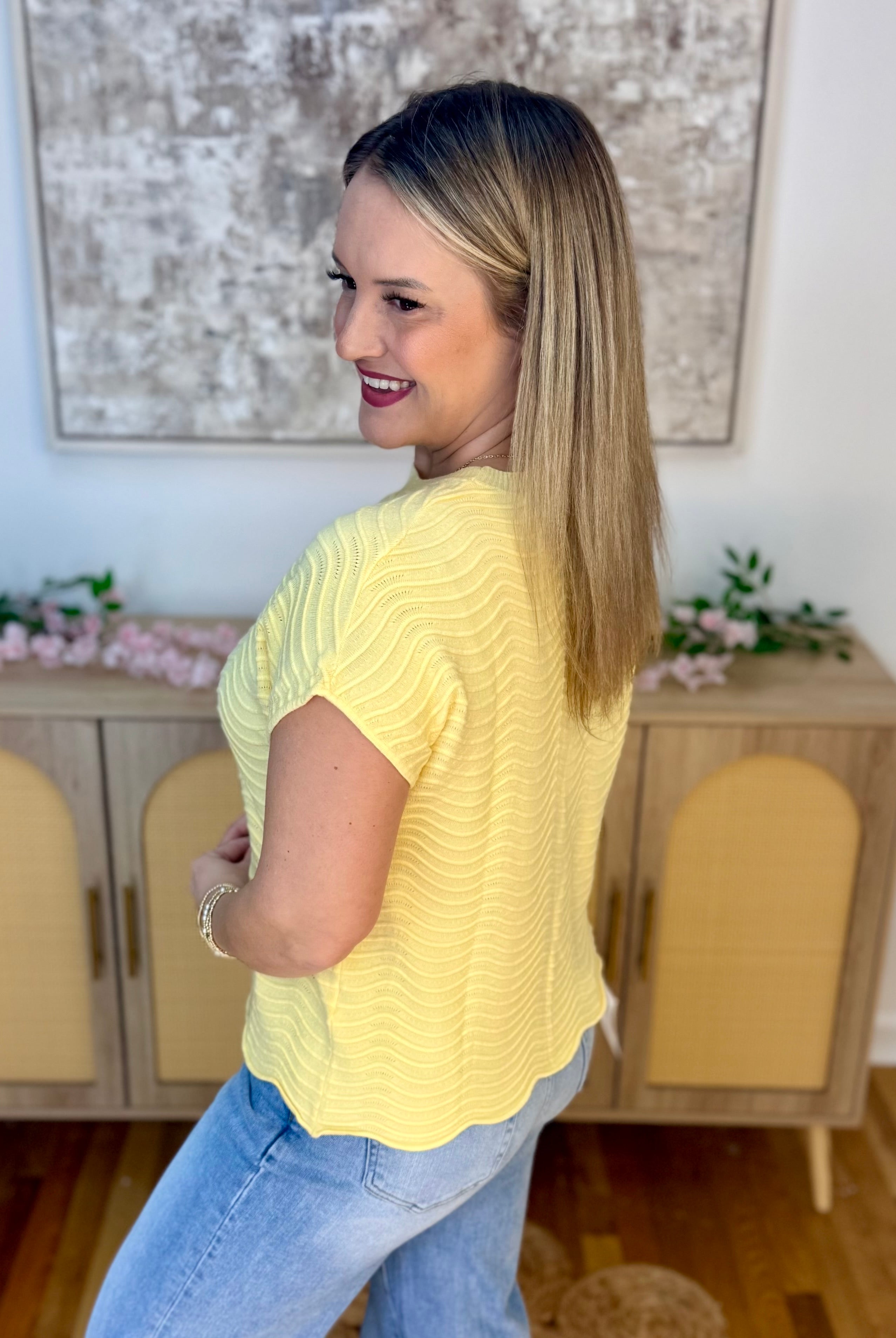 Feeling Refreshed Scalloped Edge Top - Butter Yellow-100 Short Sleeve Tops-Allie Rose-The Lovely Closet, Women's Fashion Boutique in Alexandria, KY
