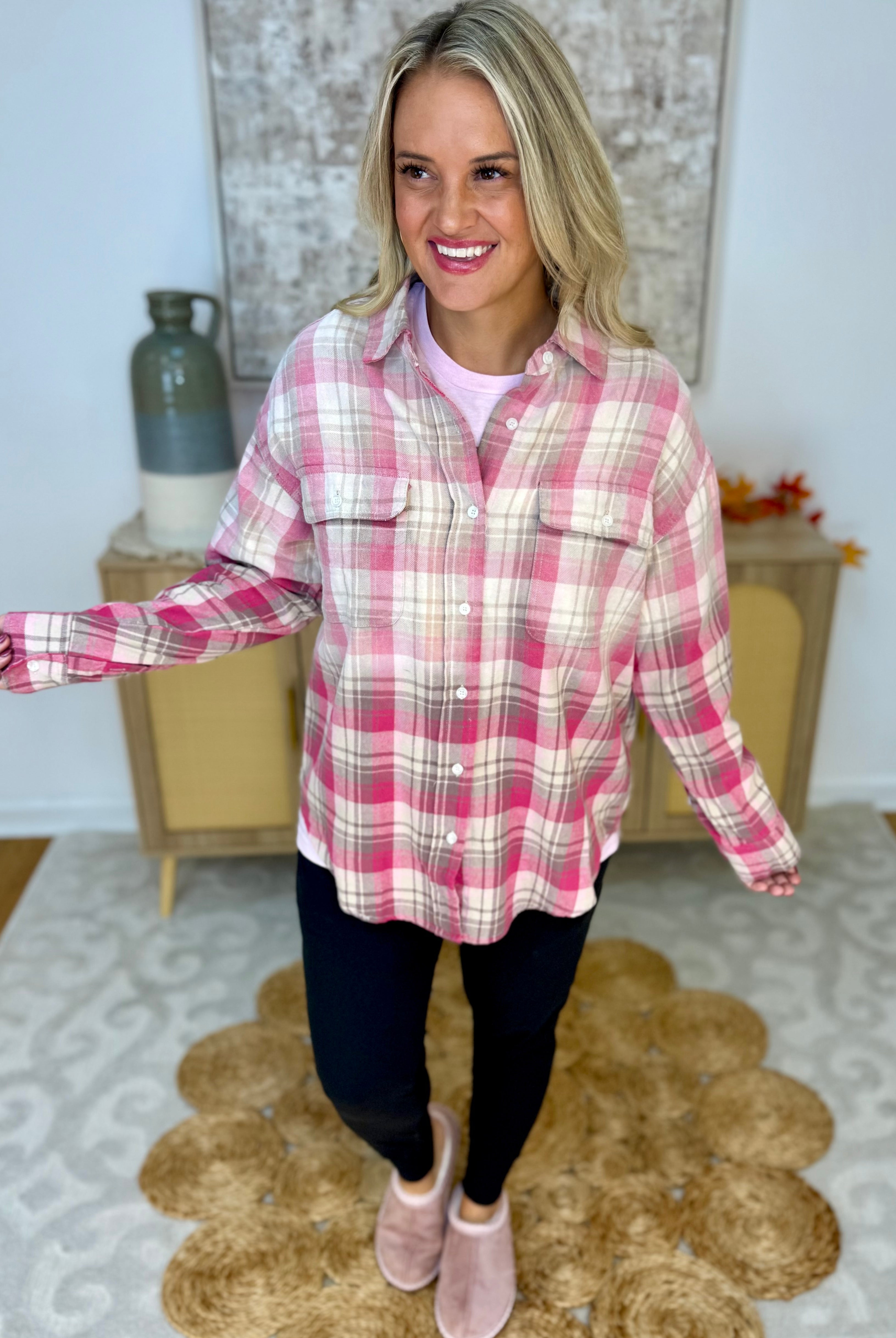 Pink Plaid Ombre Flannel Button Down-110 Long Sleeve Top-White Birch-The Lovely Closet, Women's Fashion Boutique in Alexandria, KY