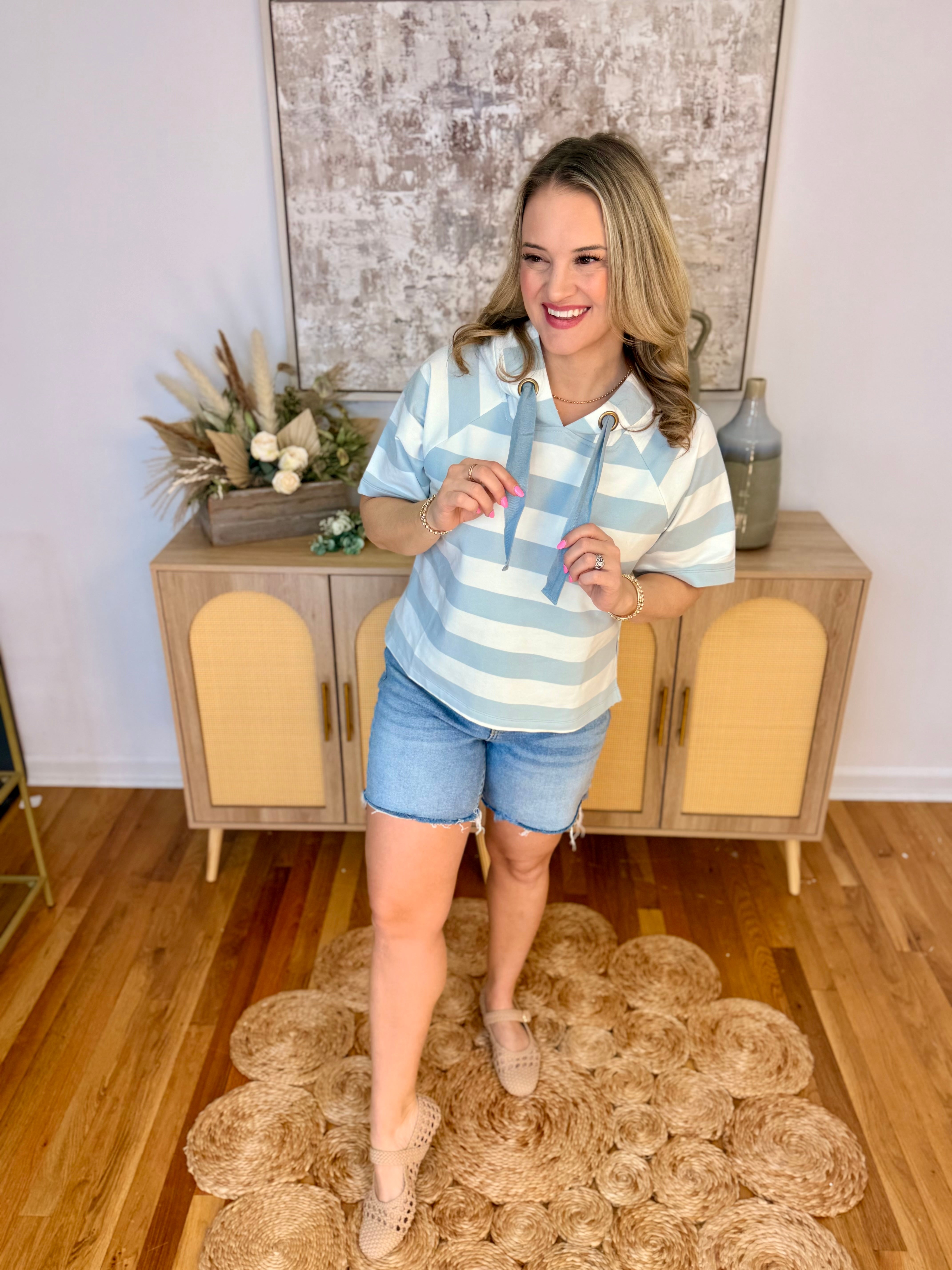 Let it be Spring Hooded Top - Blue-100 Short Sleeve Tops-Doe and Rae-The Lovely Closet, Women's Fashion Boutique in Alexandria, KY