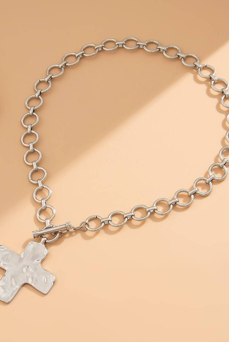Hammered Cross Necklace - Silver-280 Accessories-JOSSLYN by wall to wall-The Lovely Closet, Women's Fashion Boutique in Alexandria, KY