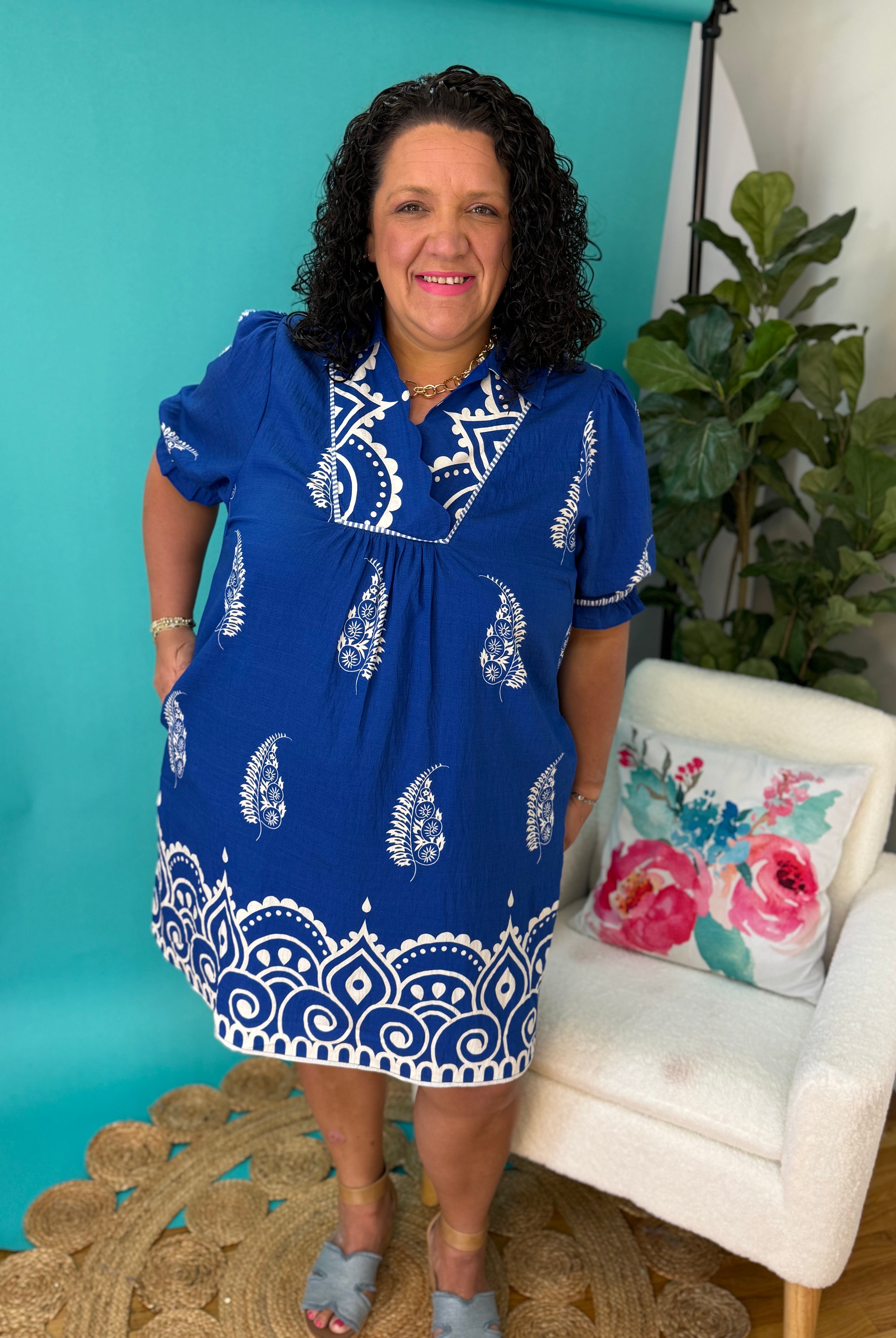 Sapphire Blooms Dress-180 Dresses-umgee-The Lovely Closet, Women's Fashion Boutique in Alexandria, KY