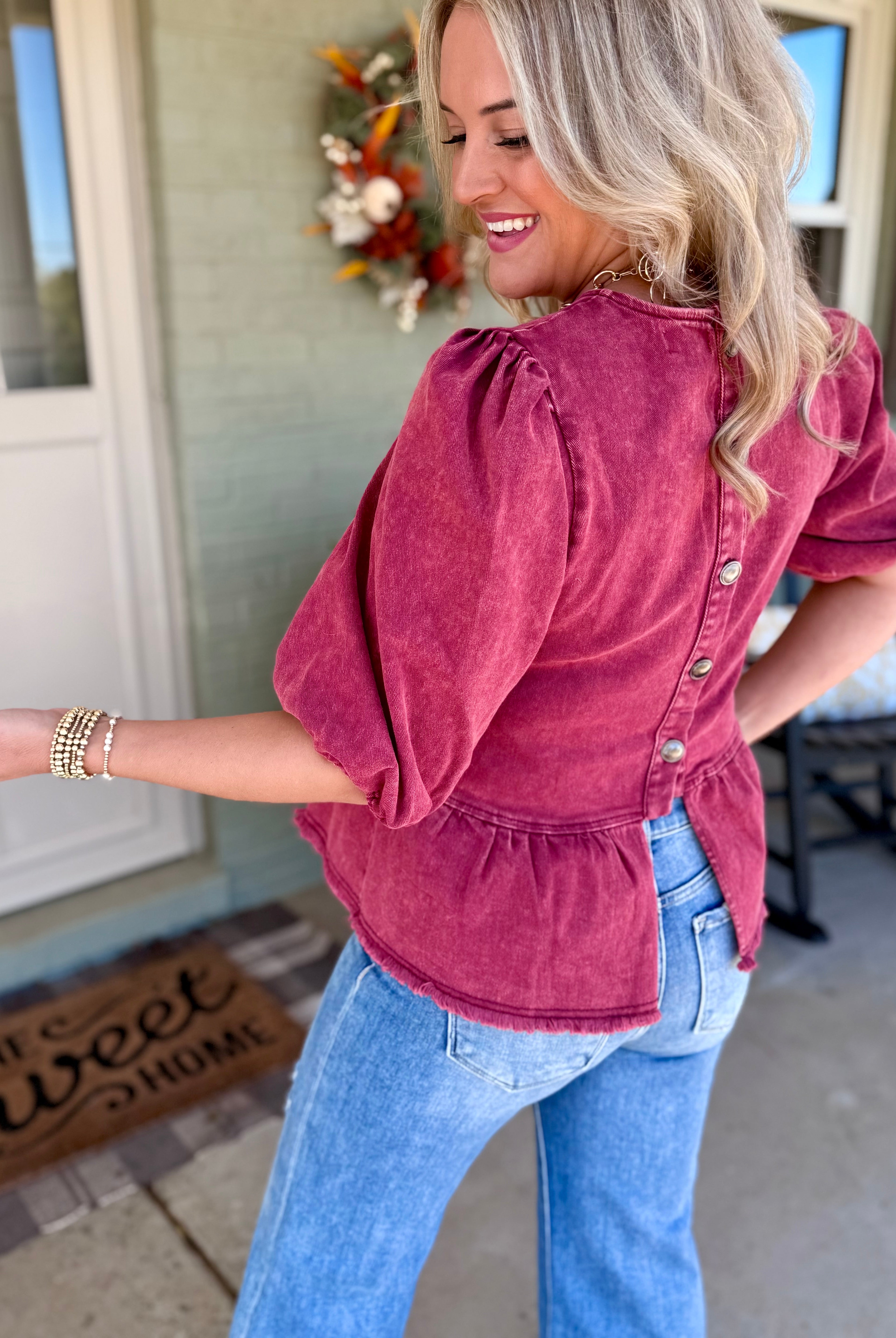 Cider & Cinnamon Washed Denim Top - Garnet-100 Short Sleeve Tops-Anniewear-The Lovely Closet, Women's Fashion Boutique in Alexandria, KY