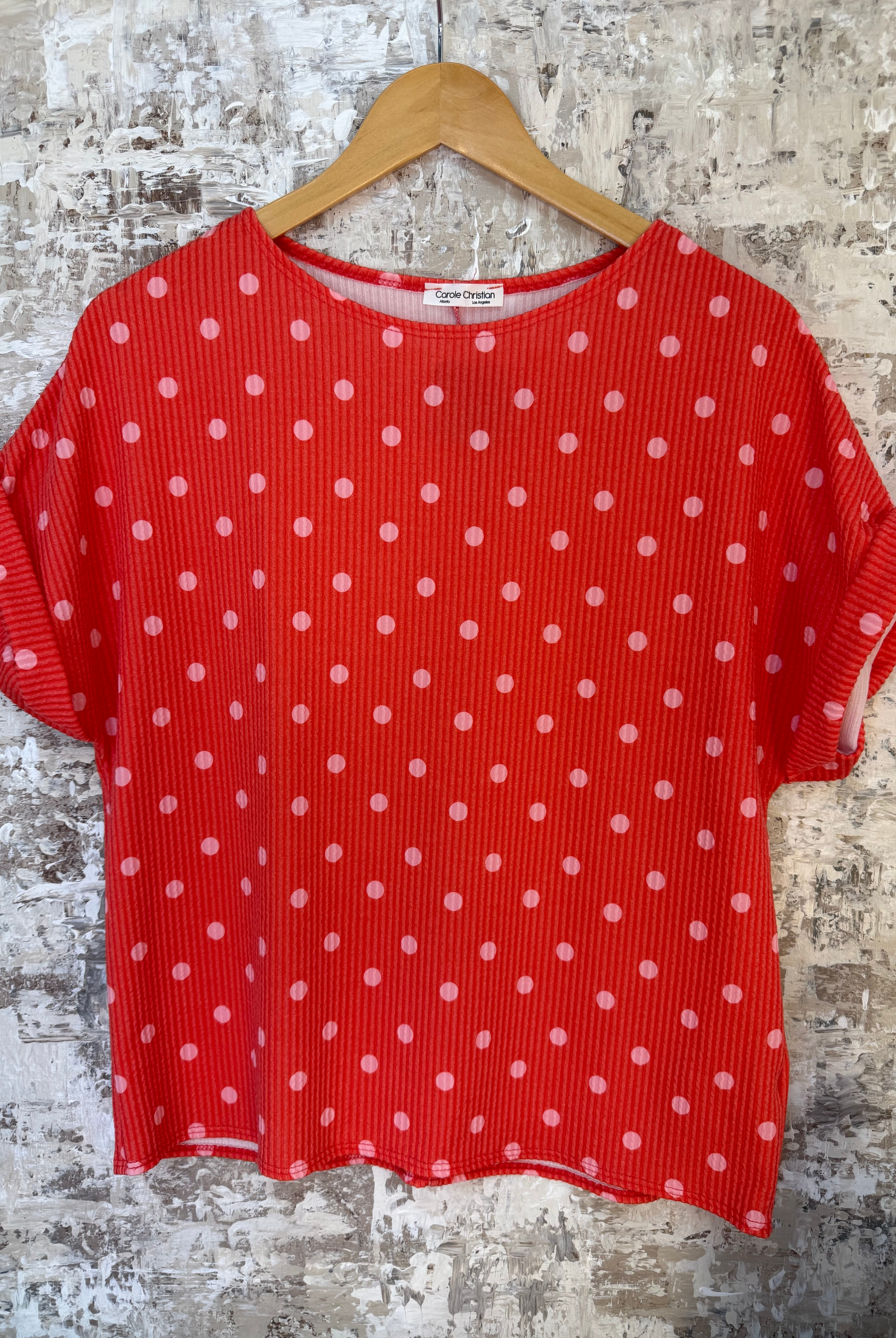 Color Pop Polka Dot Top - Dark Coral-100 Short Sleeve Tops-Carole Christian-The Lovely Closet, Women's Fashion Boutique in Alexandria, KY