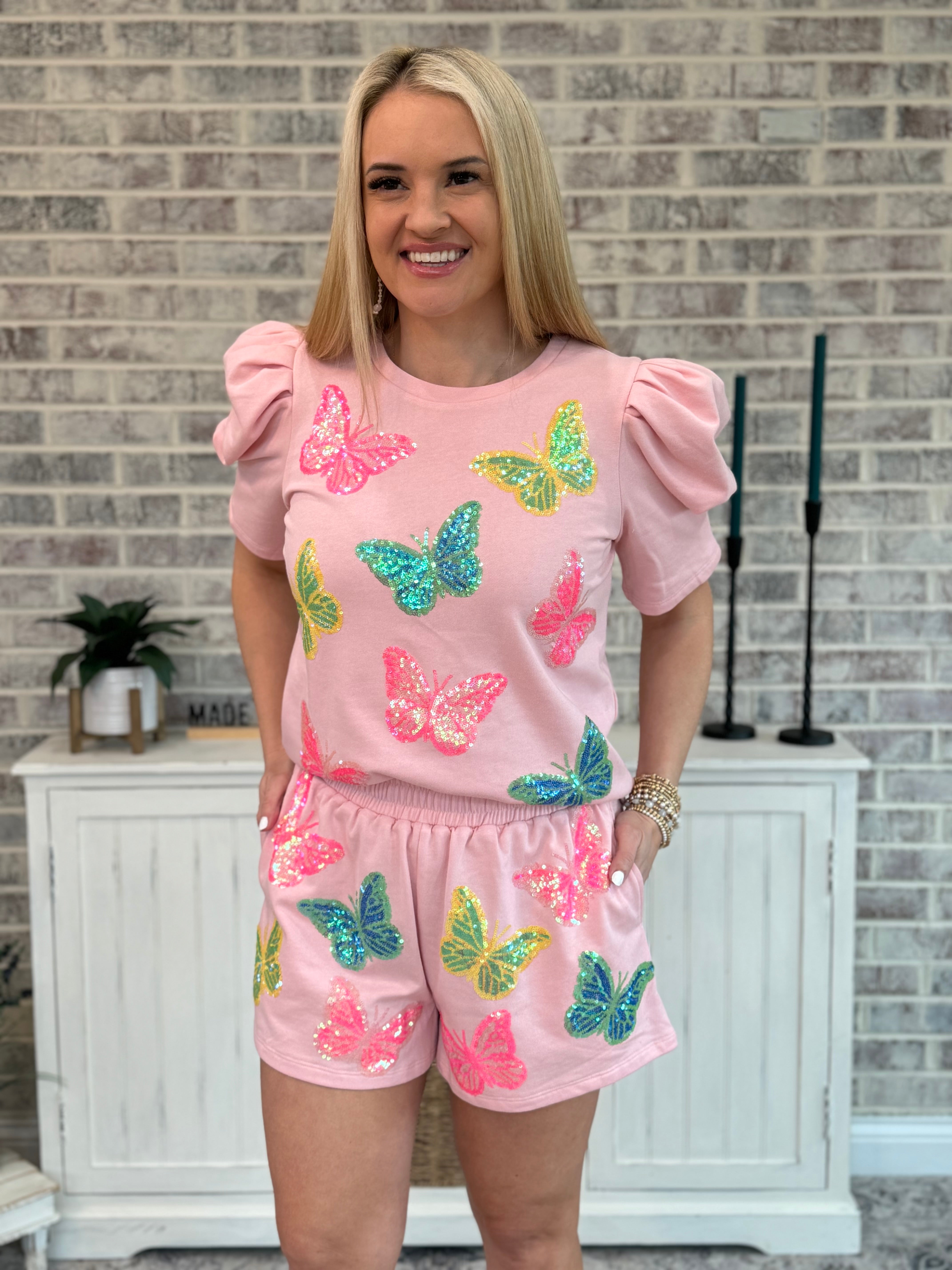 Butterfly Confetti Sequin Short Sleeve Top-100 Short Sleeve Tops-The Lovely Closet-The Lovely Closet, Women's Fashion Boutique in Alexandria, KY