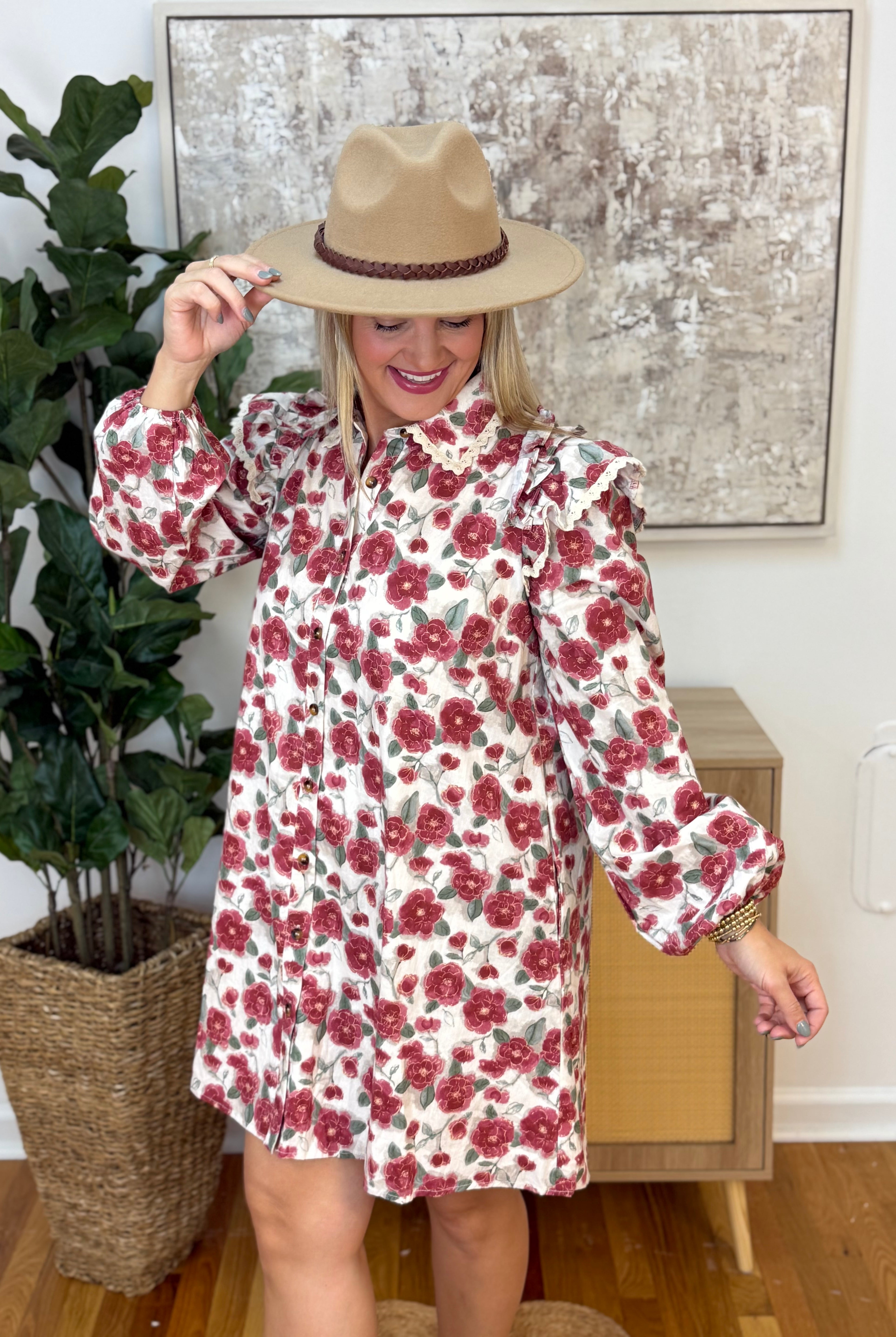 Rose Print Button Down Dress-180 Dresses-Anniewear-The Lovely Closet, Women's Fashion Boutique in Alexandria, KY