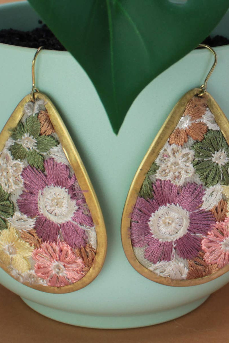 Olive & Pink Floral Fabric Embroidered Earrings-280 Accessories-ZAD-The Lovely Closet, Women's Fashion Boutique in Alexandria, KY