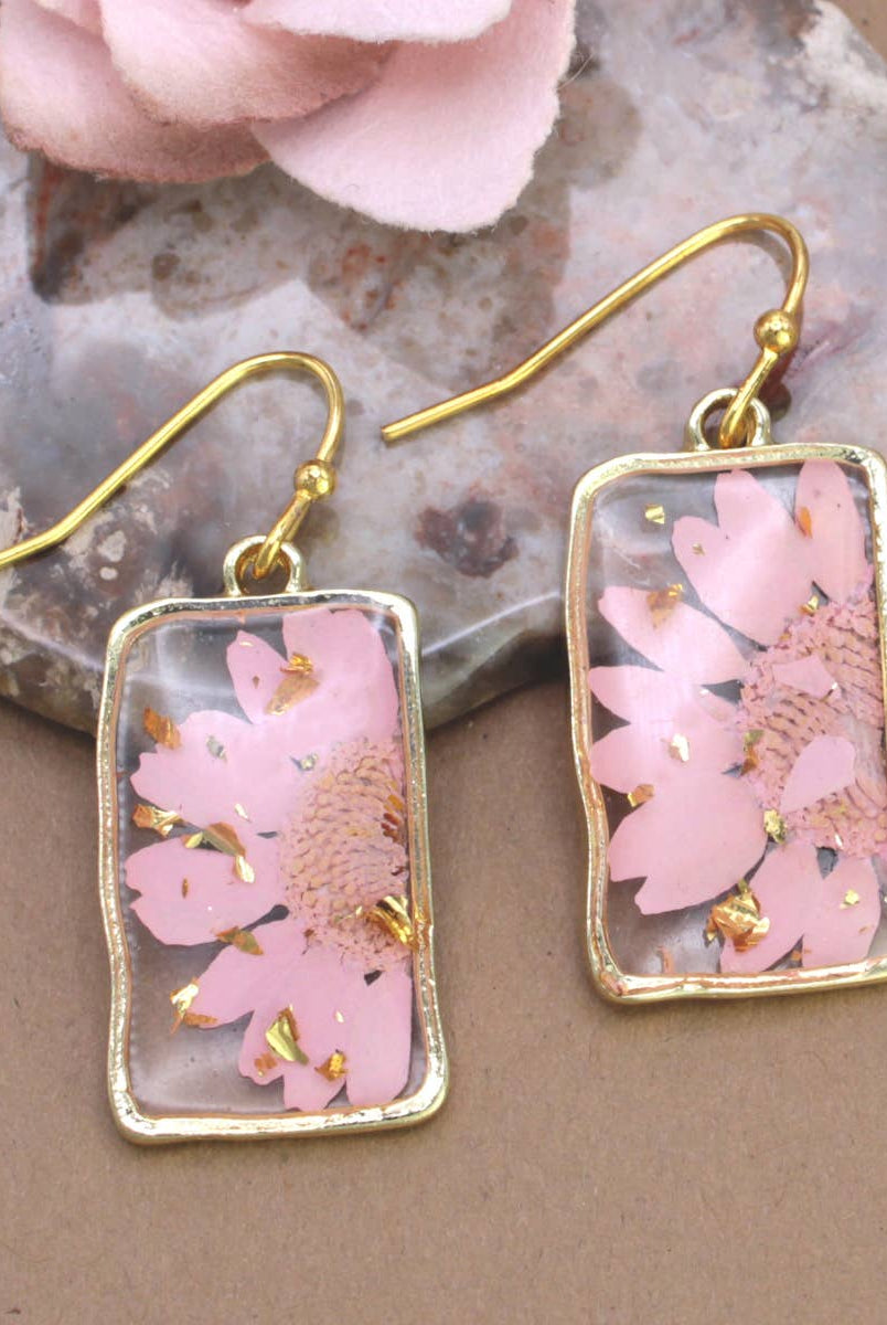 Pink Dried Flower Rectangle Gold Earrings-280 Accessories-ZAD-The Lovely Closet, Women's Fashion Boutique in Alexandria, KY