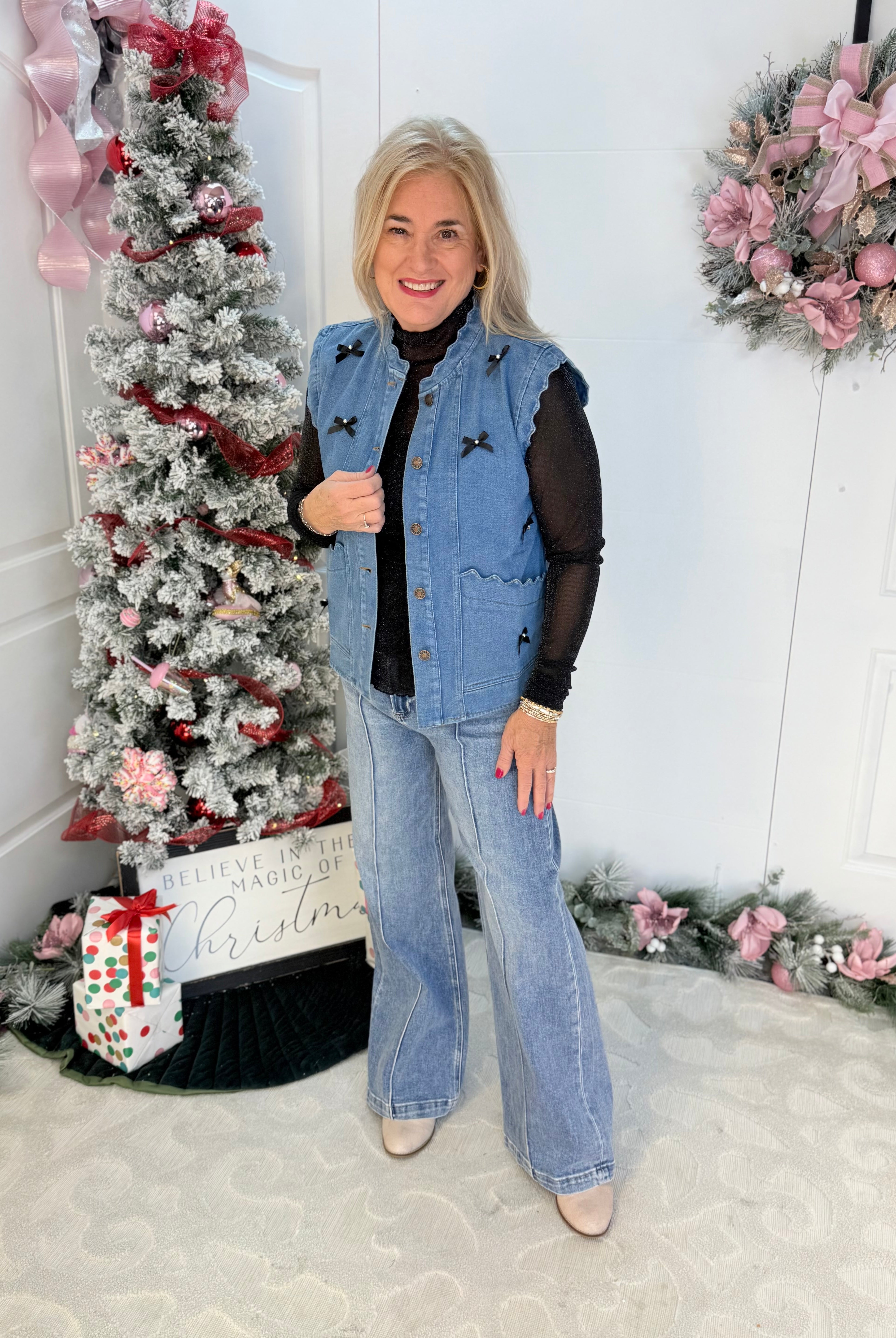 Scalloped Denim Vest with Bow Embellishments-170 Jackets/Outerwear-ODDI-The Lovely Closet, Women's Fashion Boutique in Alexandria, KY