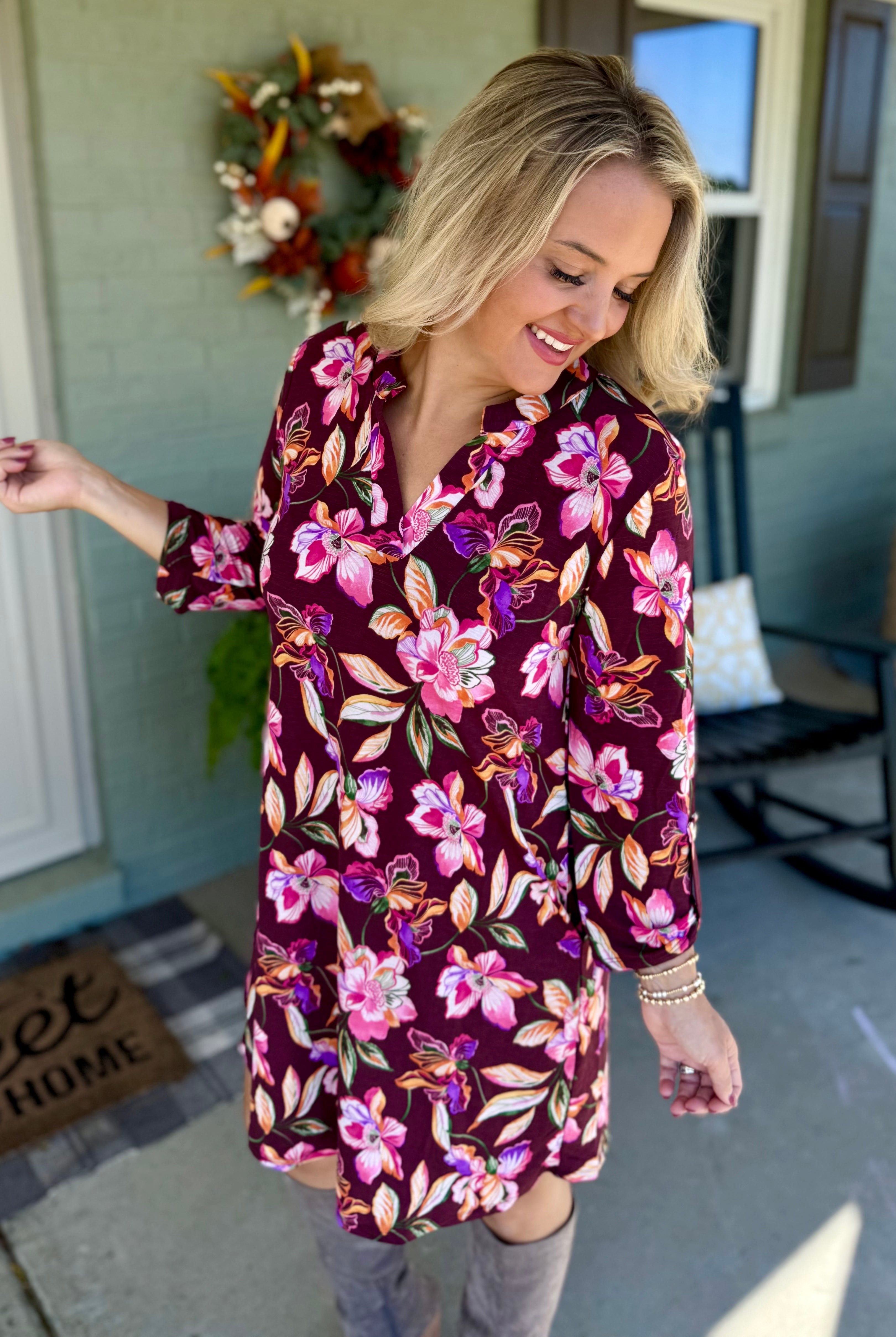 Everly Essential Dress - Deep Plum Floral Print-180 Dresses-Dear Scarlett-The Lovely Closet, Women's Fashion Boutique in Alexandria, KY
