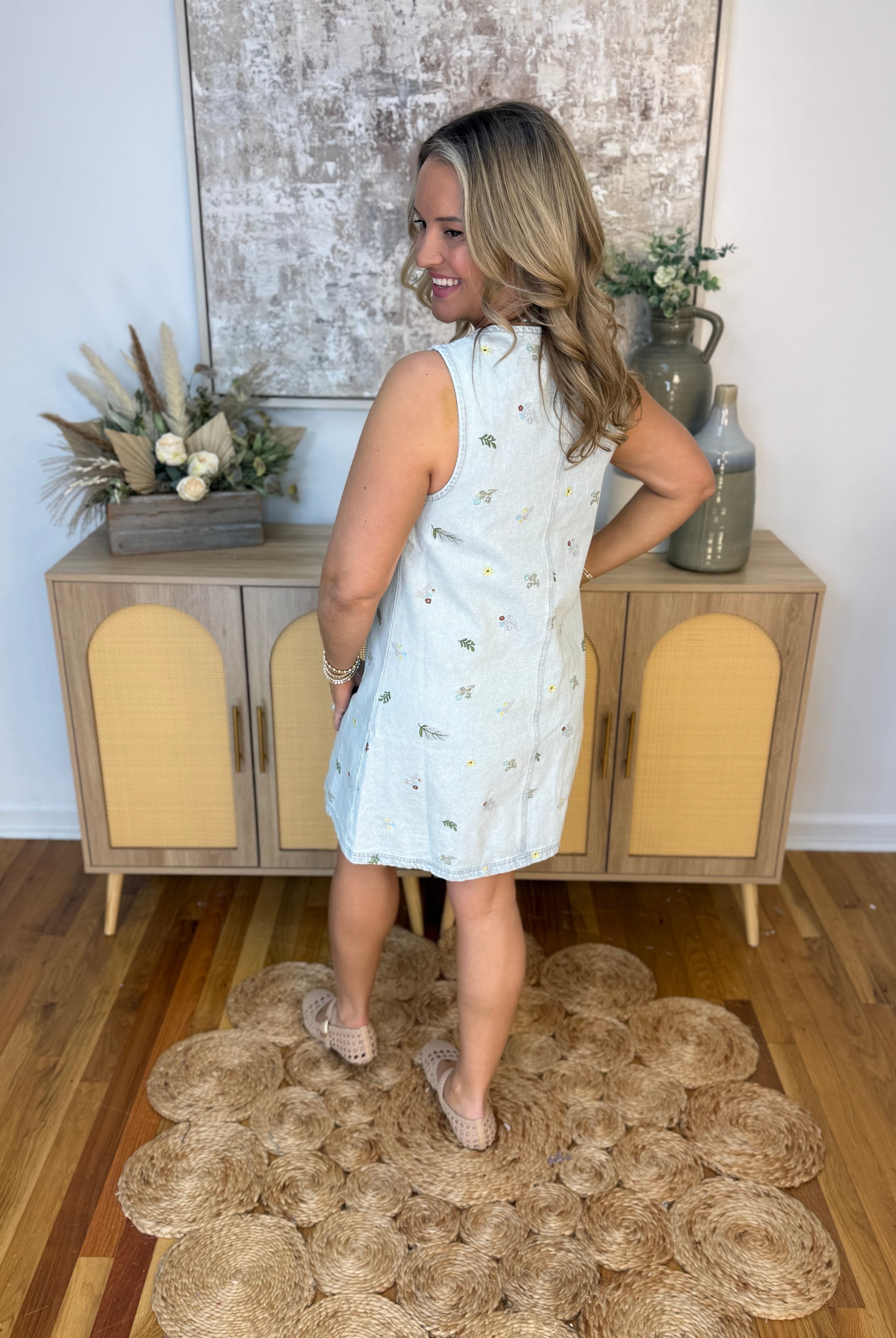 Fresh Picked Embroidered Denim Shift Dress-180 Dresses-Blu Pepper-The Lovely Closet, Women's Fashion Boutique in Alexandria, KY