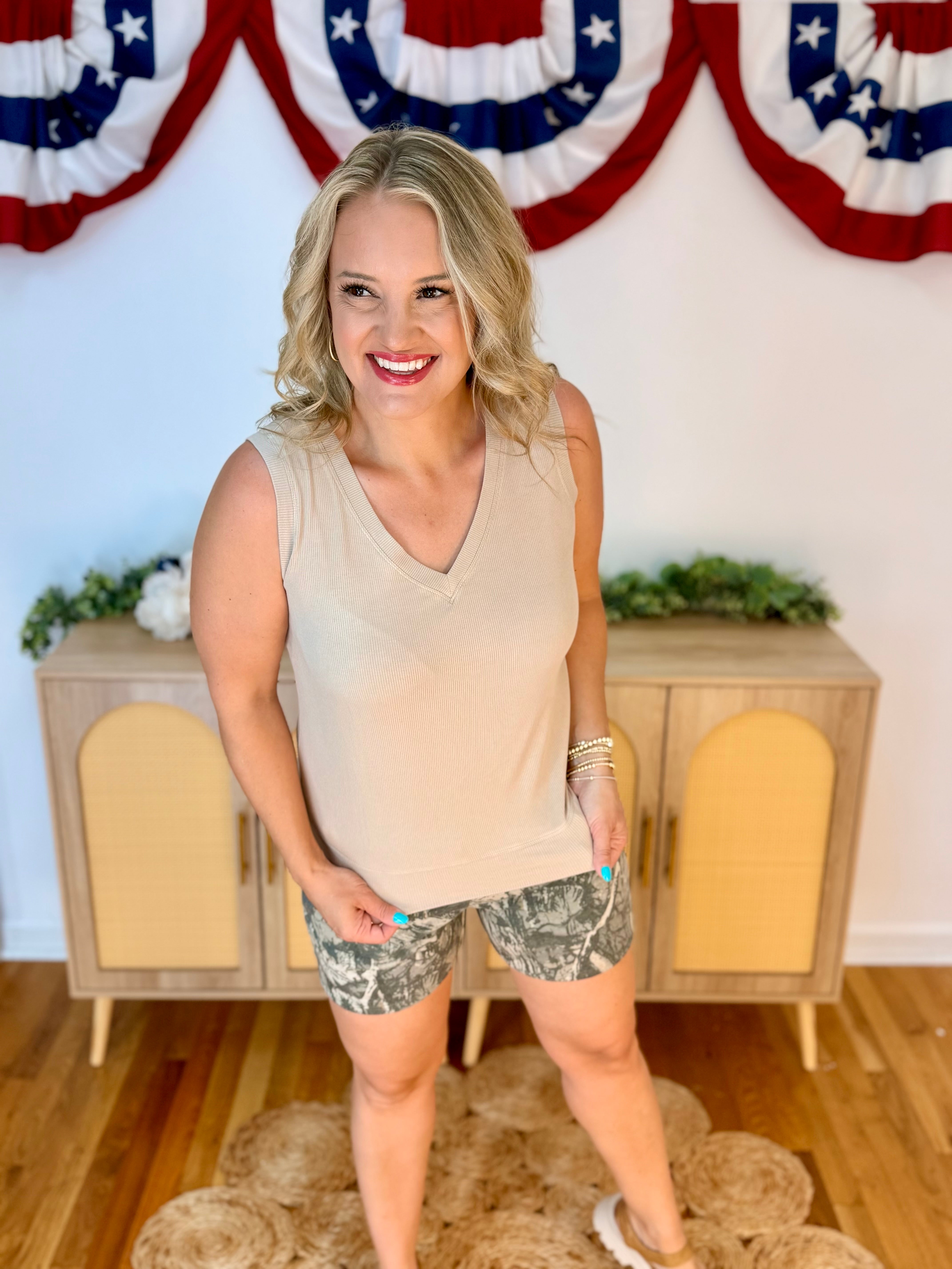 LuxeAir Ribbed Relaxed V-Neck Tank - Khaki-120 Sleeveless Tops-Yelete-The Lovely Closet, Women's Fashion Boutique in Alexandria, KY