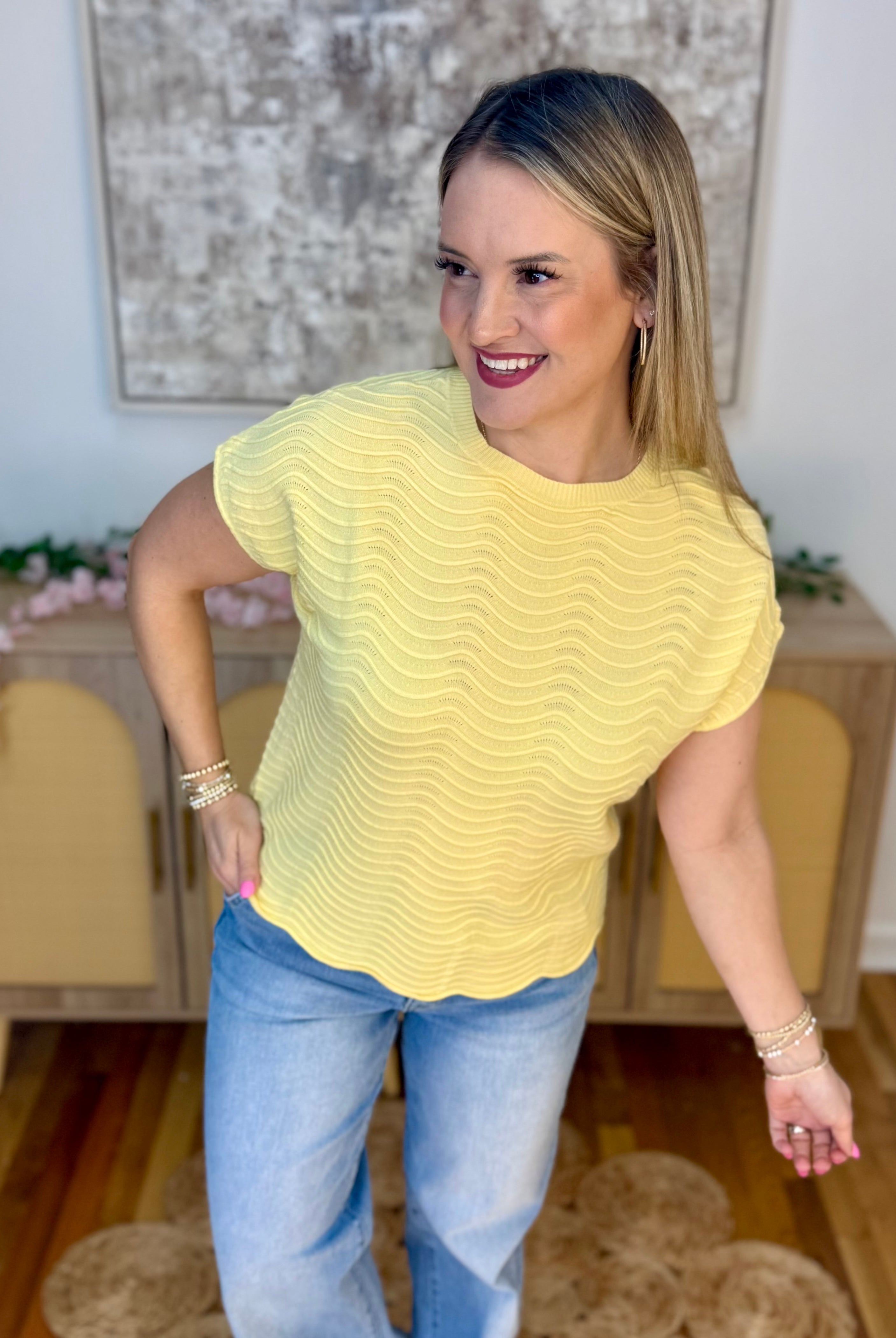 Feeling Refreshed Scalloped Edge Top - Butter Yellow-100 Short Sleeve Tops-Allie Rose-The Lovely Closet, Women's Fashion Boutique in Alexandria, KY
