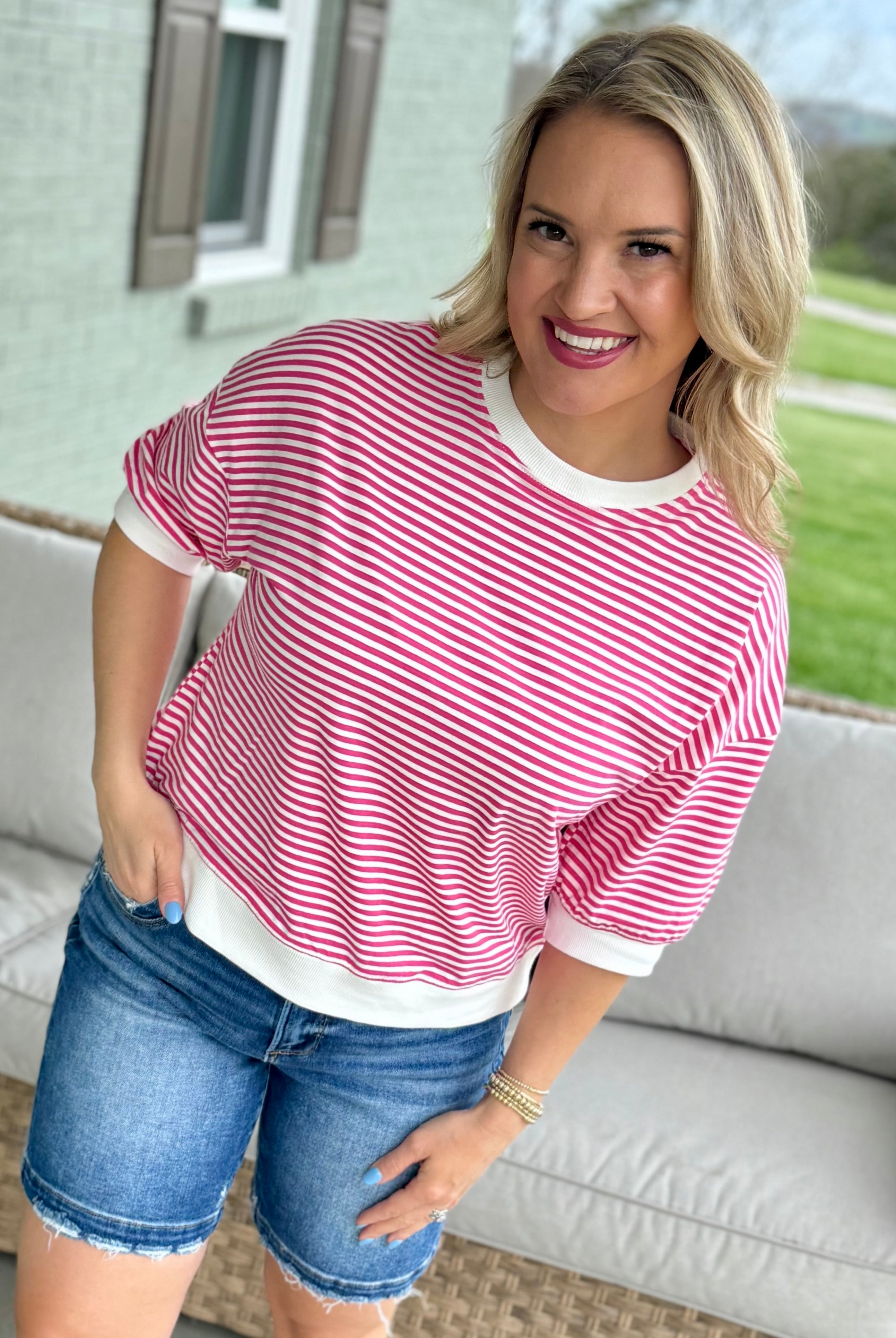 Simply Spring Striped Top - Pink-100 Short Sleeve Tops-zenana-The Lovely Closet, Women's Fashion Boutique in Alexandria, KY