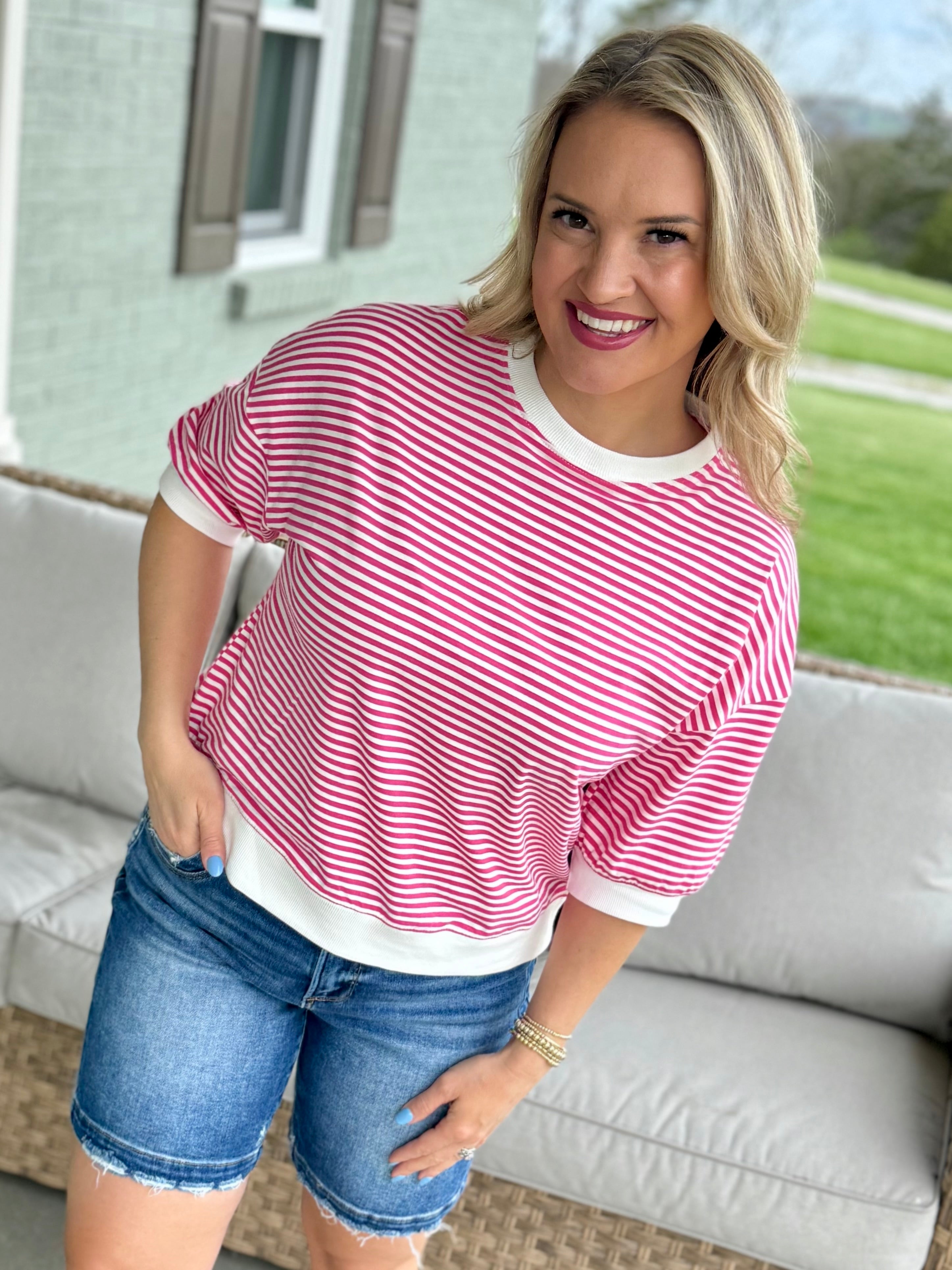 Simply Spring Striped Top - Pink-100 Short Sleeve Tops-zenana-The Lovely Closet, Women's Fashion Boutique in Alexandria, KY