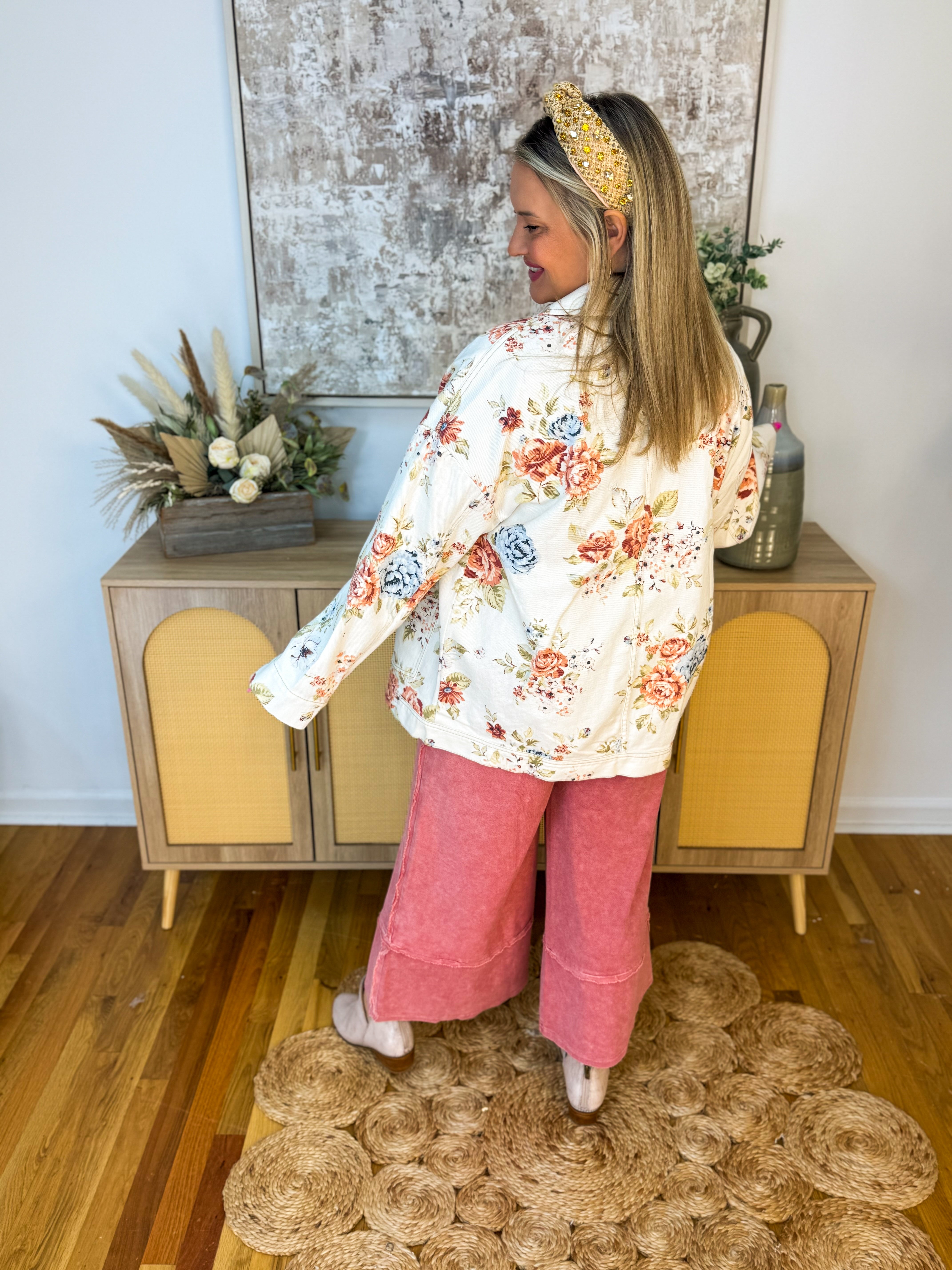 Floral Denim Oversized Jacket-170 Jackets/Outerwear-Blu Pepper-The Lovely Closet, Women's Fashion Boutique in Alexandria, KY