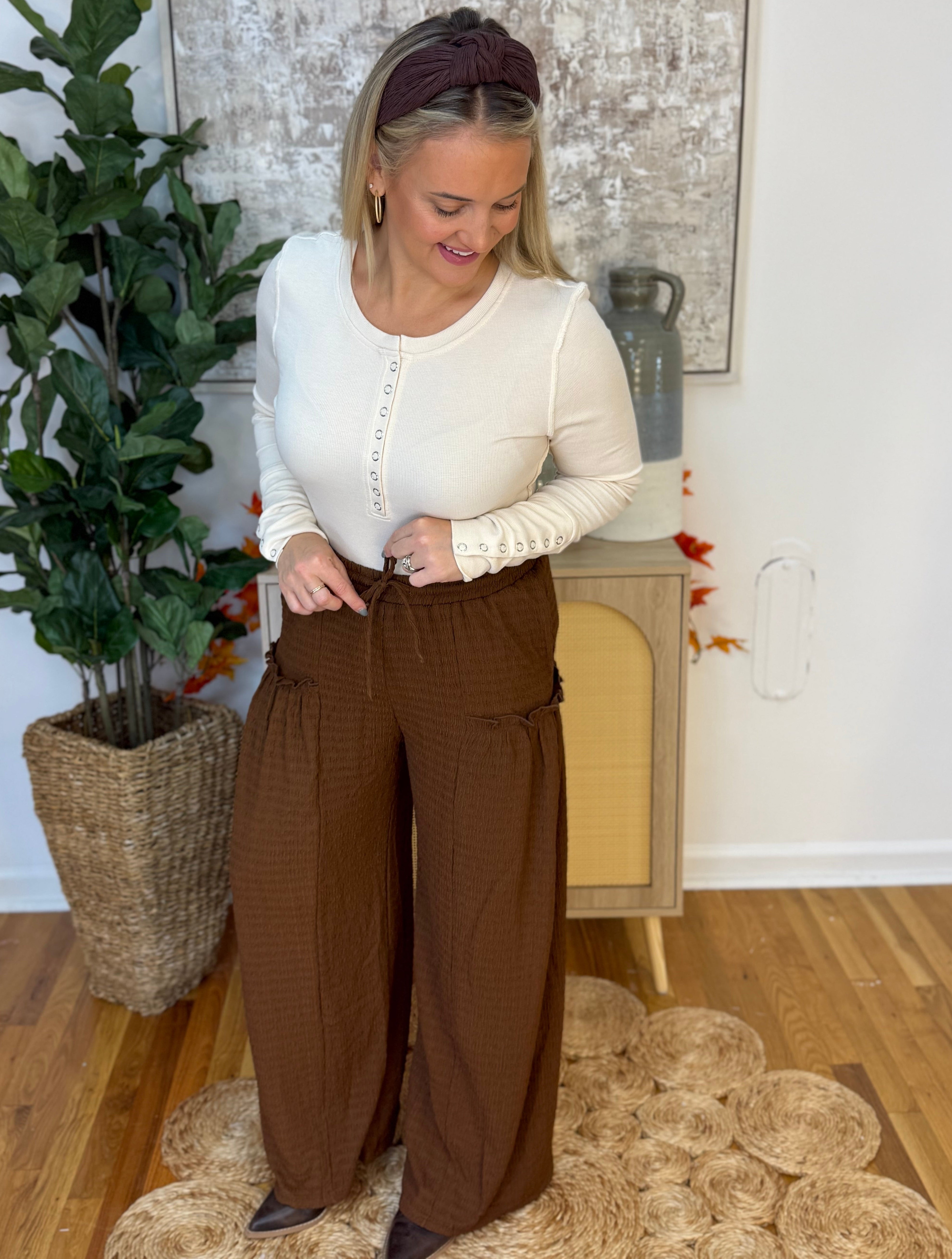 Crinkle Textured Flair Pants-240 Pants-Anniewear-The Lovely Closet, Women's Fashion Boutique in Alexandria, KY