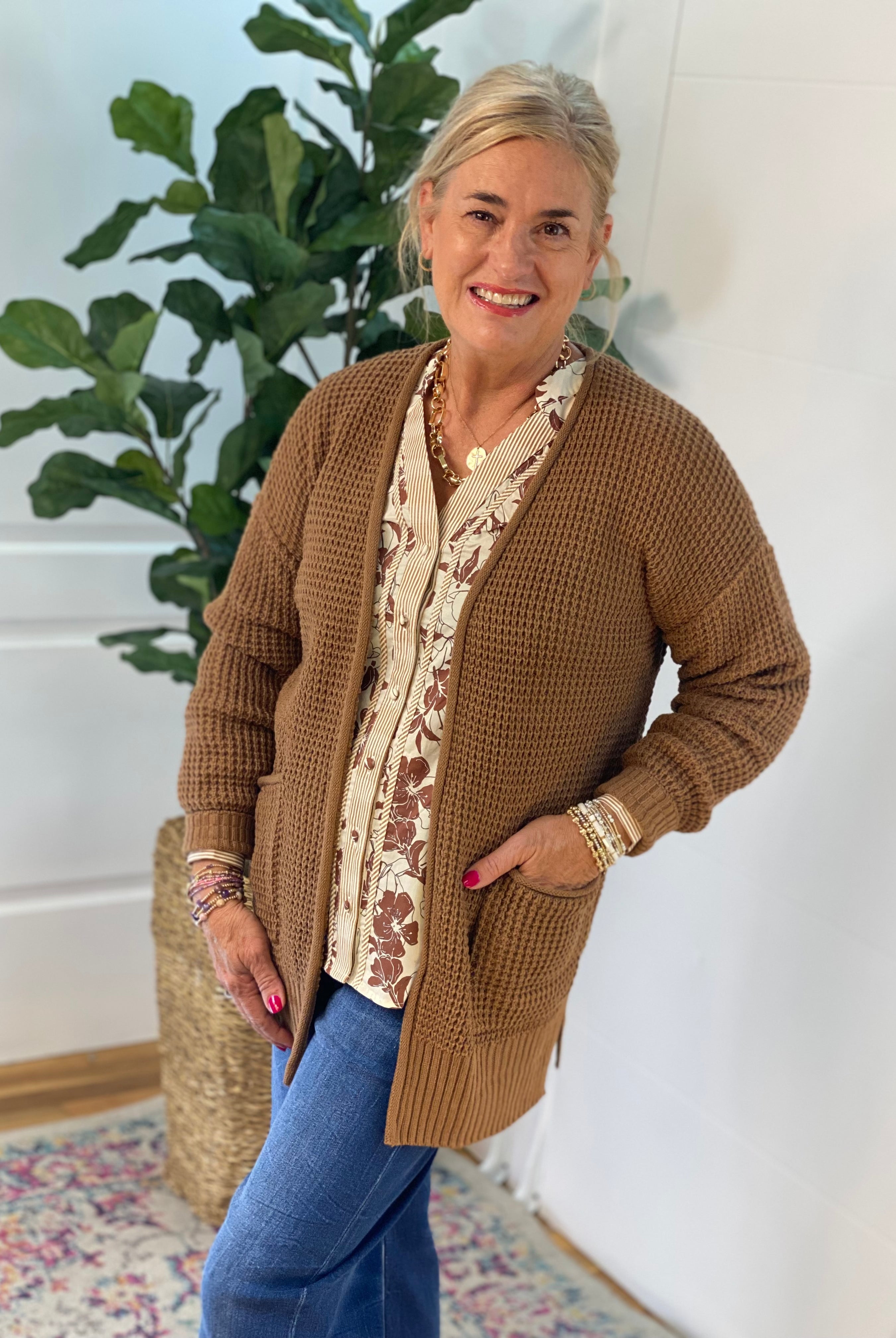 Waffle Knit Cardigan - Dark Camel-160 Cardigan/Kimonos-zenana-The Lovely Closet, Women's Fashion Boutique in Alexandria, KY