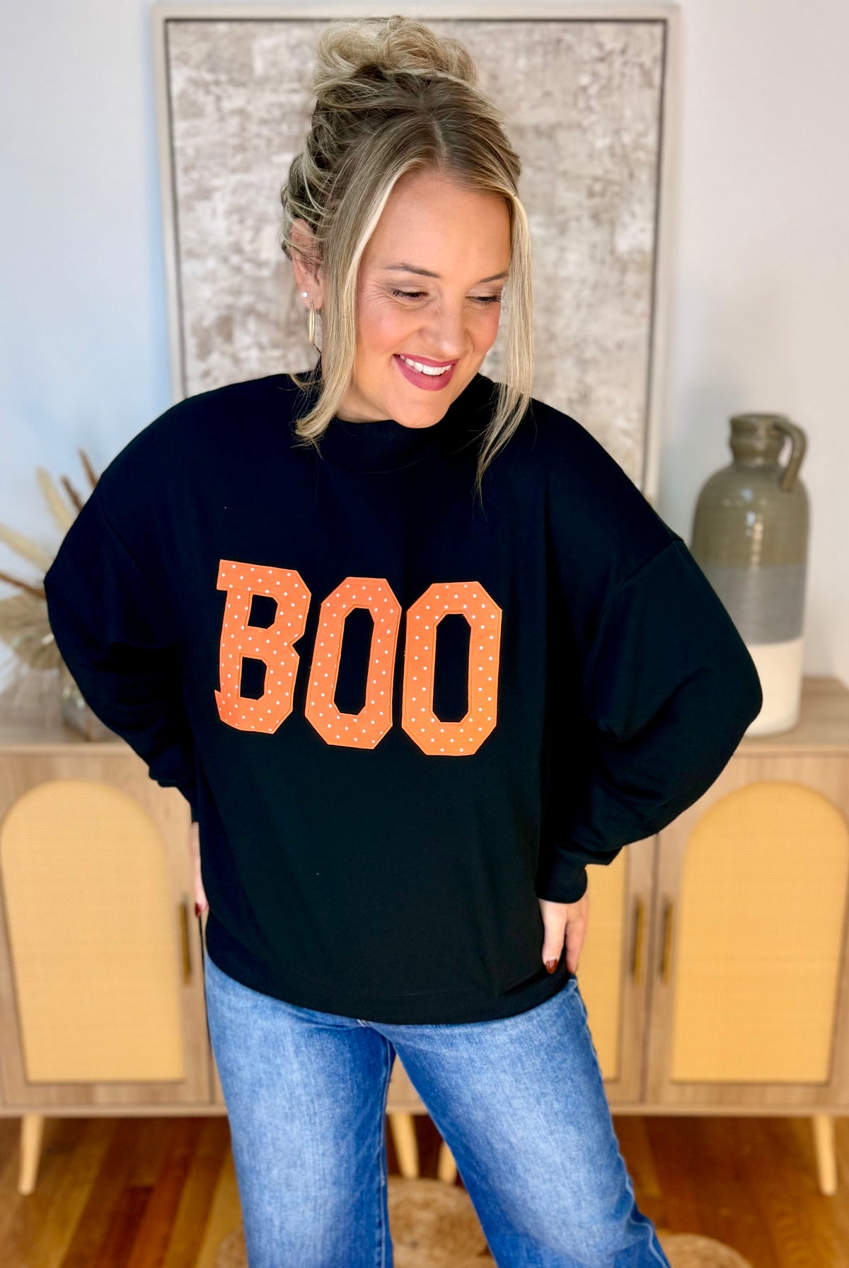 Boo Polka Dot Mock Neck Pullover-150 Sweatshirts-Kori America-The Lovely Closet, Women's Fashion Boutique in Alexandria, KY