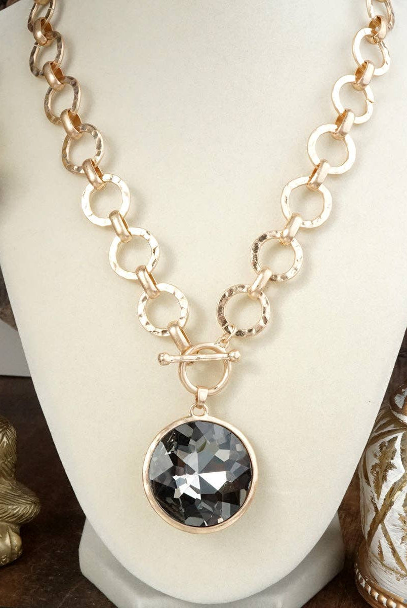 Gilded Radiance – Chunky Ring Chain Necklace with Sparkly Crystal: Gray-250 Jewelry-PennyLine inc-The Lovely Closet, Women's Fashion Boutique in Alexandria, KY