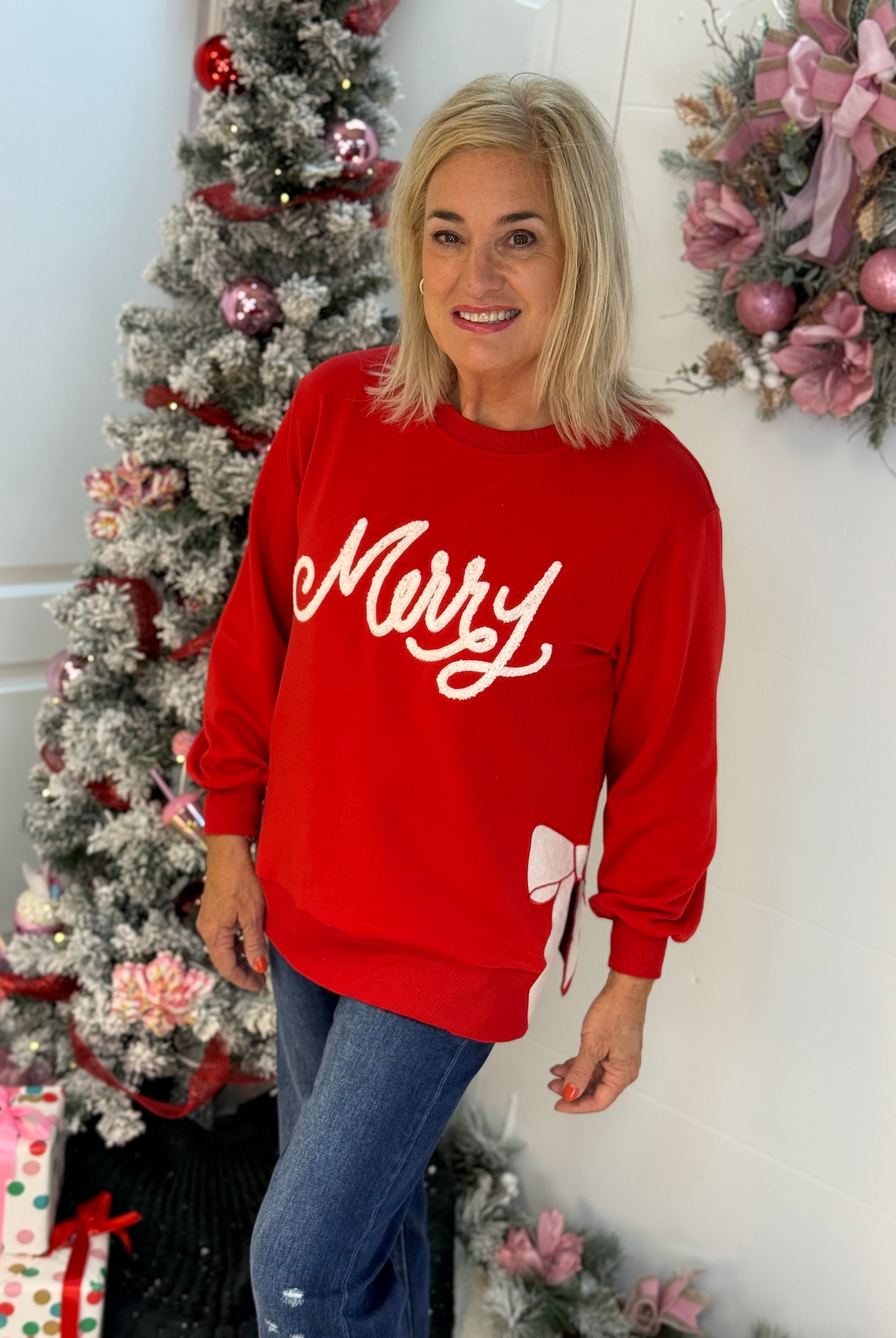 Lakelyn Merry Bow Pullover-150 Sweatshirts-Mary Square-The Lovely Closet, Women's Fashion Boutique in Alexandria, KY