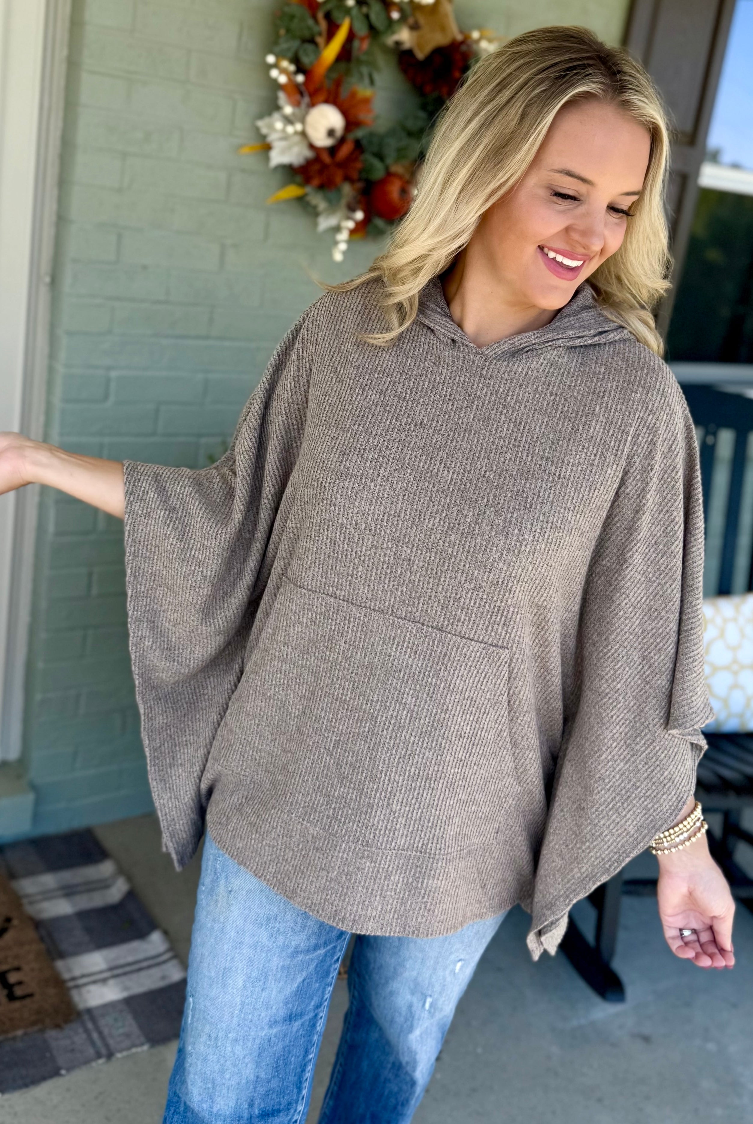 FINAL SALE - Ribbed Knit Poncho Top - Stone-170 Jackets/Outerwear-Dear Scarlett-The Lovely Closet, Women's Fashion Boutique in Alexandria, KY