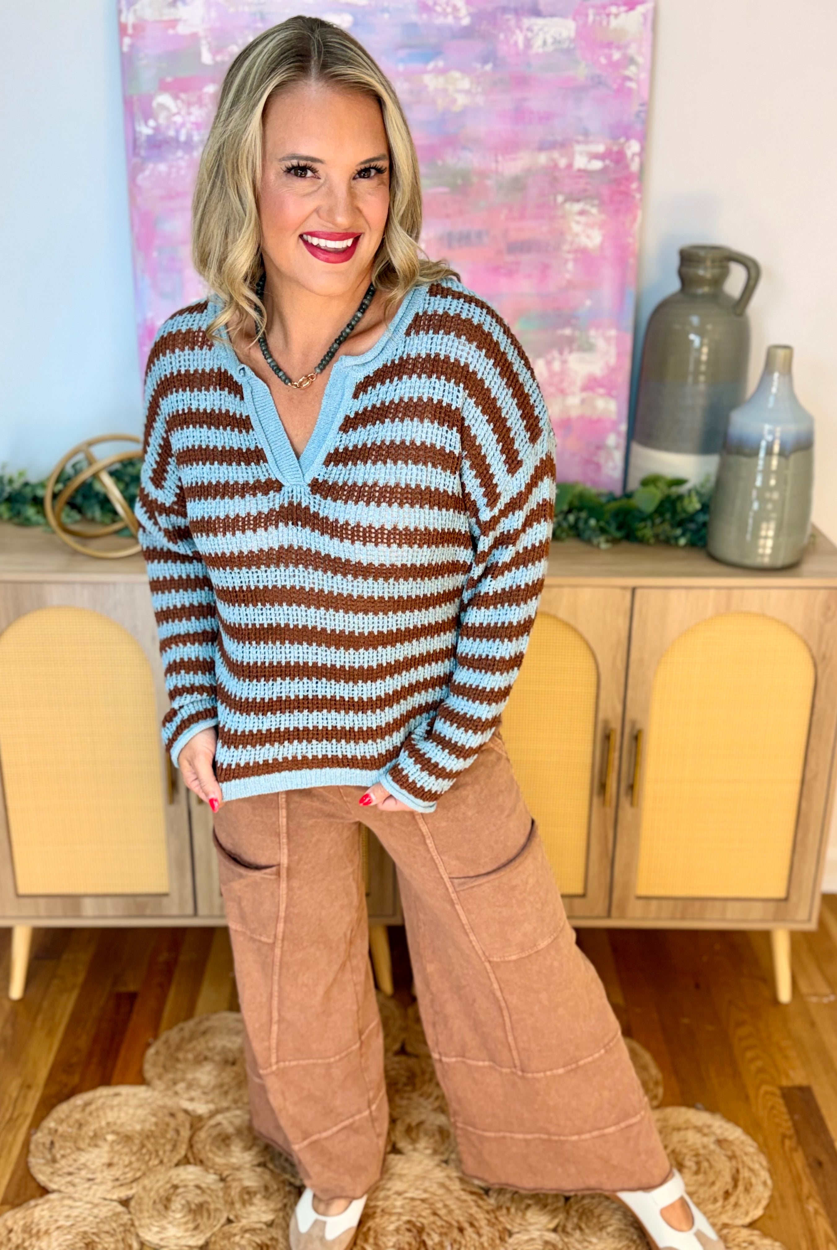 Scenic Route Sweater - Lt. Blue/Brown-110 Long Sleeve Top-Blu Pepper-The Lovely Closet, Women's Fashion Boutique in Alexandria, KY