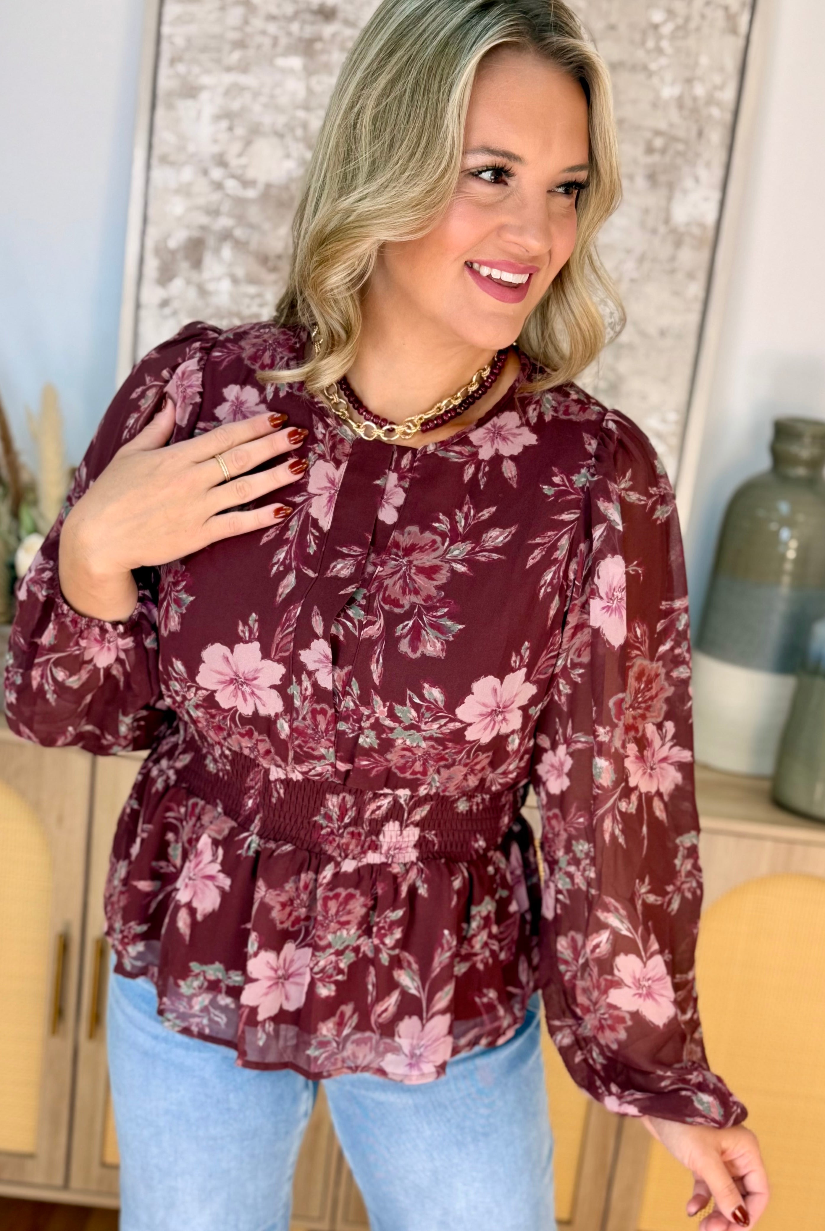 Cabernet Crush Blouse-110 Long Sleeve Top-She + Sky-The Lovely Closet, Women's Fashion Boutique in Alexandria, KY