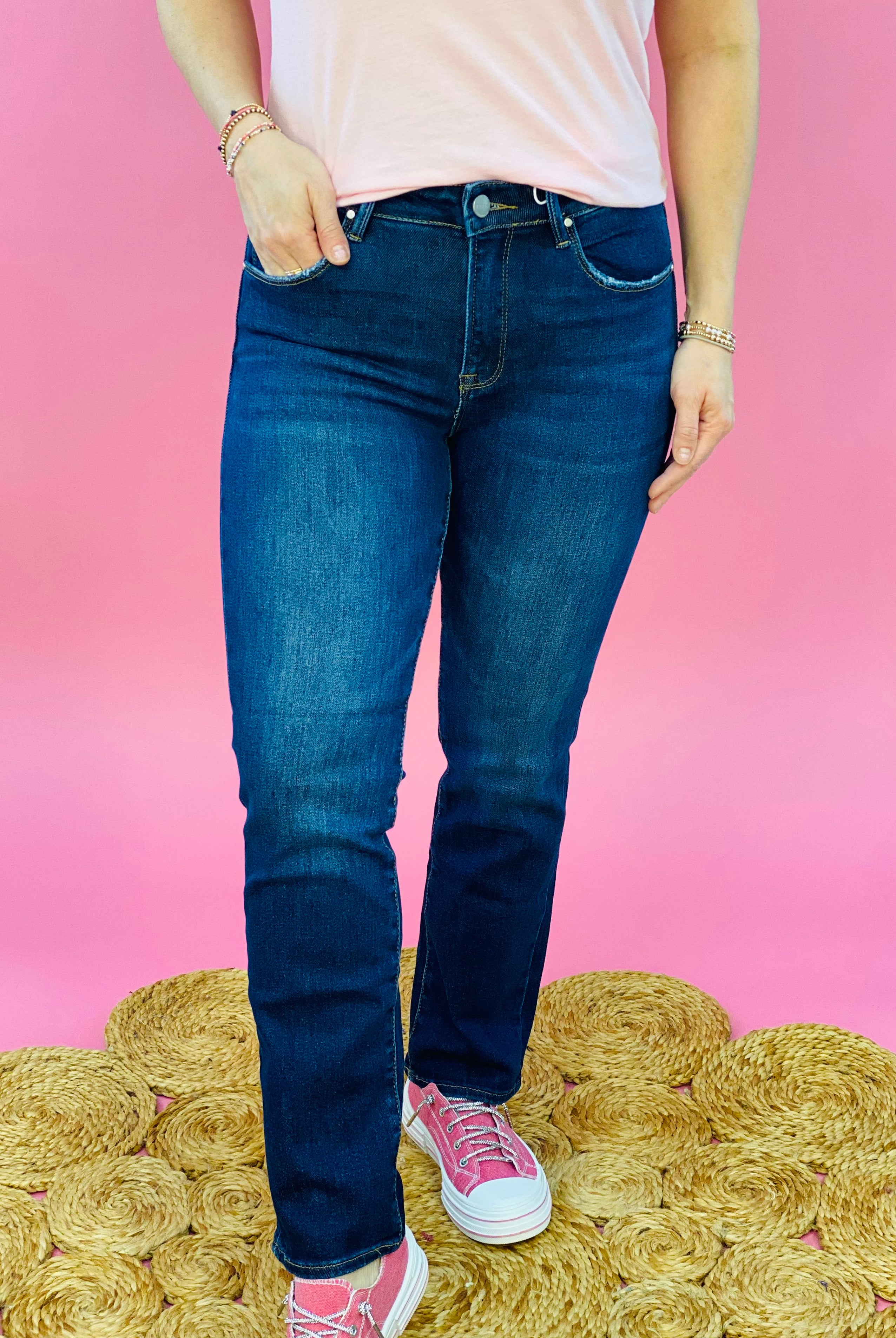 RISEN - High Rise Ankle Slim Straight Risen Denim Dark Wash-210 Jeans-Risen-The Lovely Closet, Women's Fashion Boutique in Alexandria, KY