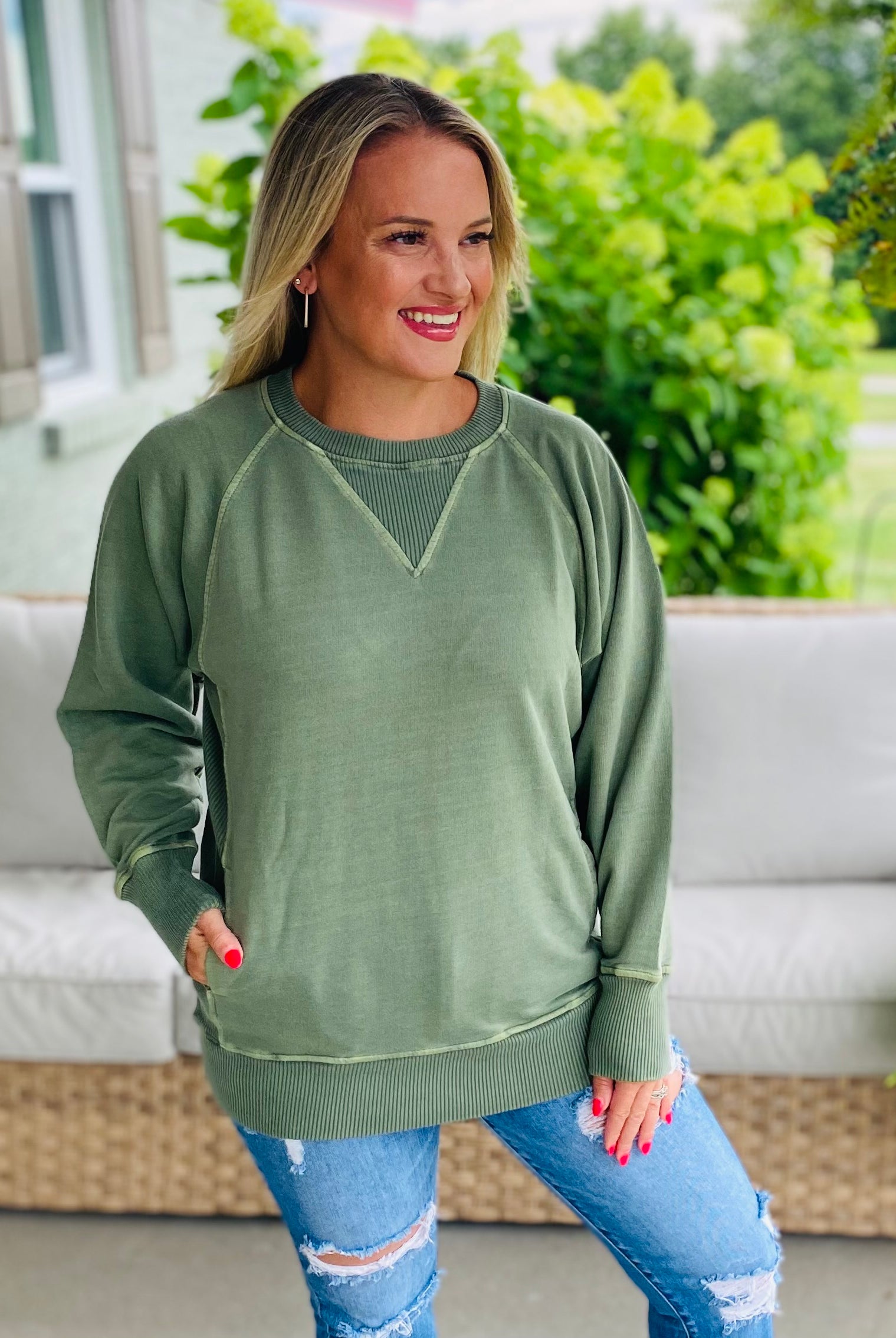 Keeping it Casual Pullover 2025 - Olive-150 Sweatshirts-zenana-The Lovely Closet, Women's Fashion Boutique in Alexandria, KY