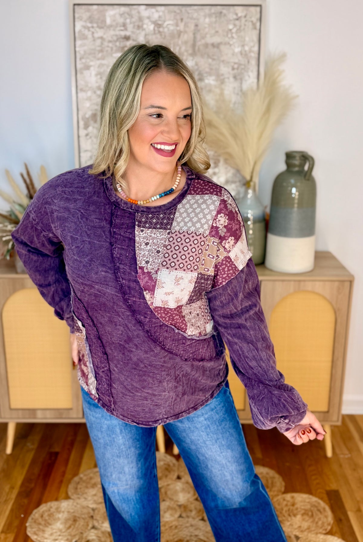 Mineral Wash Patchwork Swirl Top-110 Long Sleeve Top-jHer-The Lovely Closet, Women's Fashion Boutique in Alexandria, KY