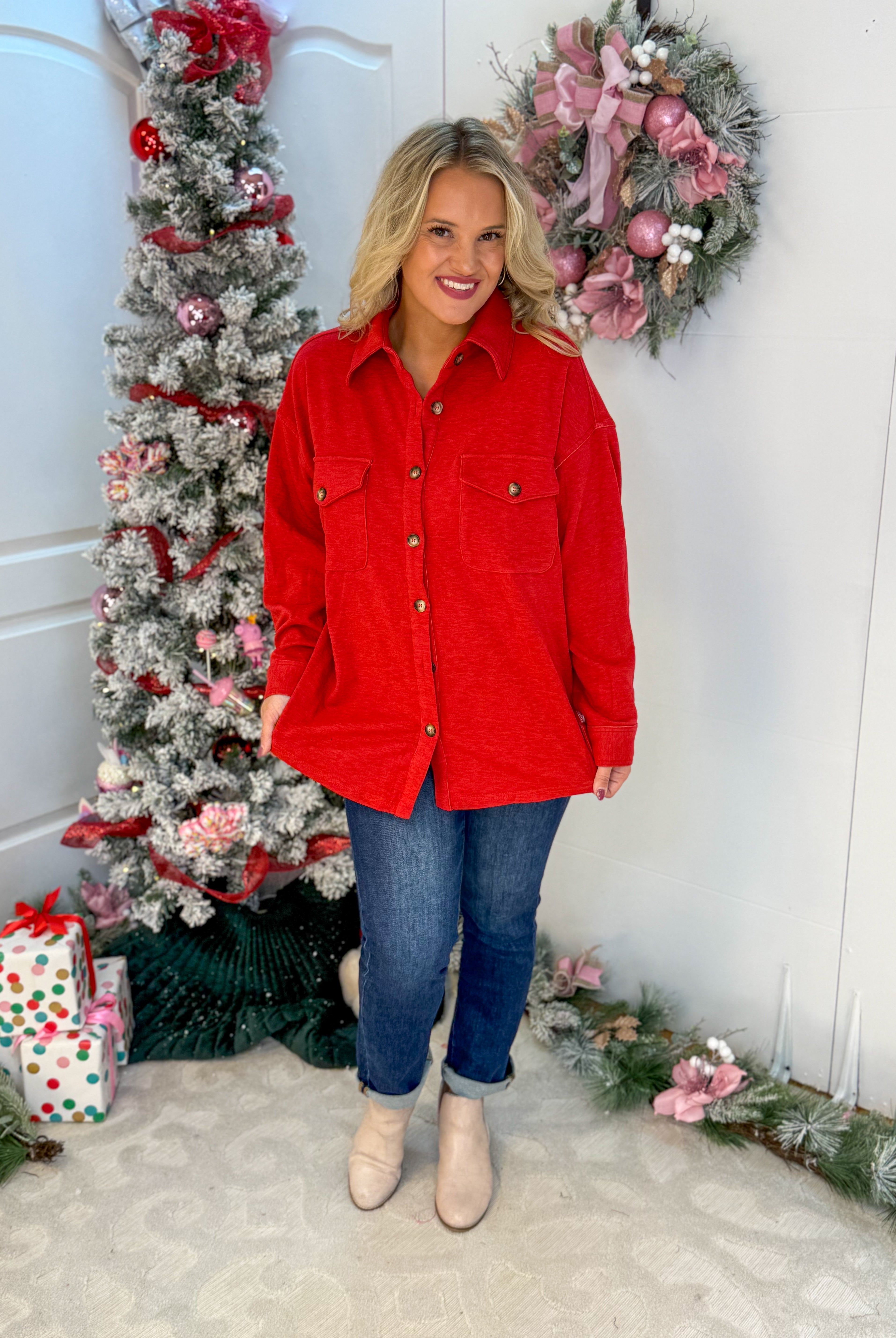 Cozy Season Button Down Shacket - Red-170 Jackets/Outerwear-White Birch-The Lovely Closet, Women's Fashion Boutique in Alexandria, KY