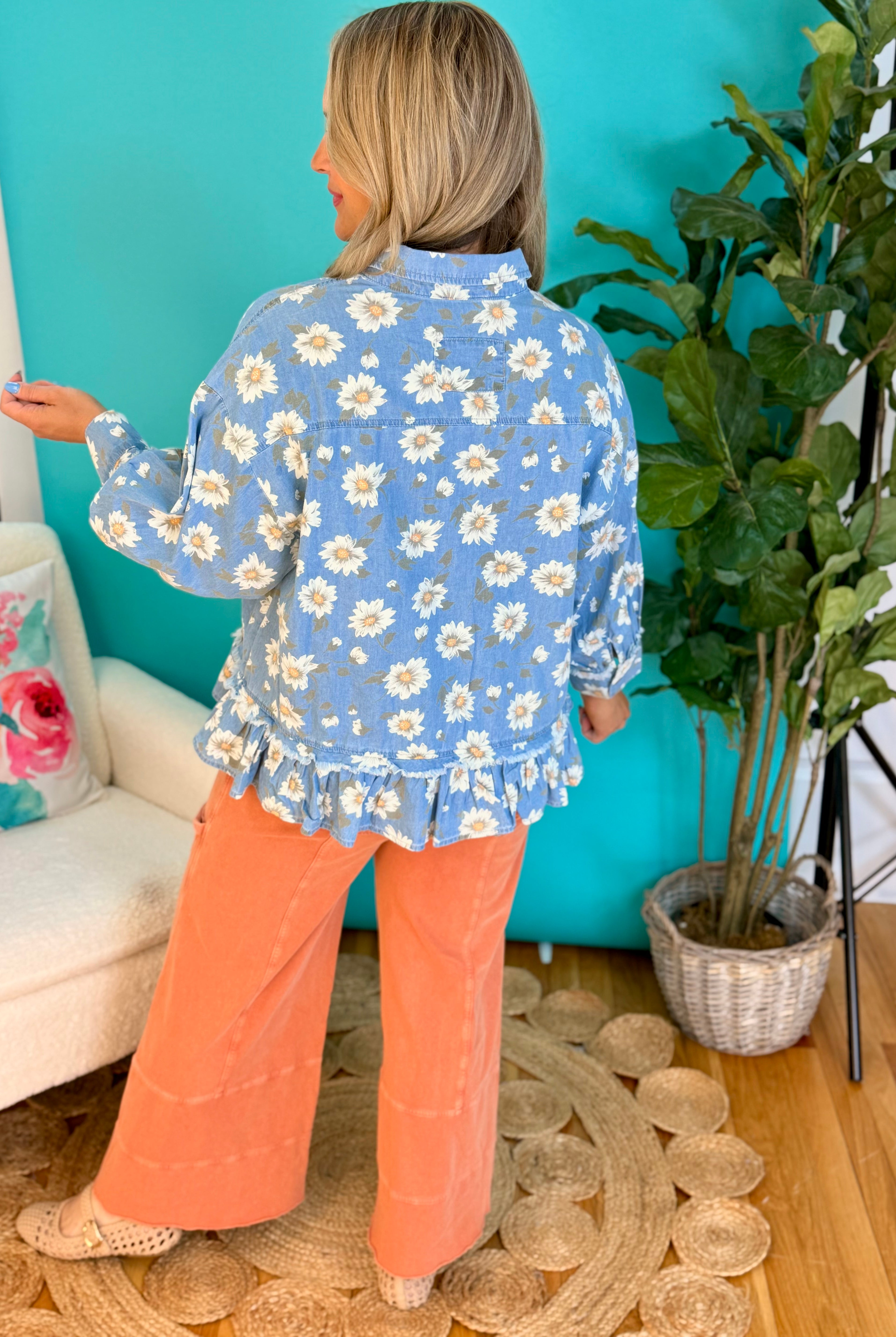Daisy Print Denim Top-110 Long Sleeve Top-easel-The Lovely Closet, Women's Fashion Boutique in Alexandria, KY