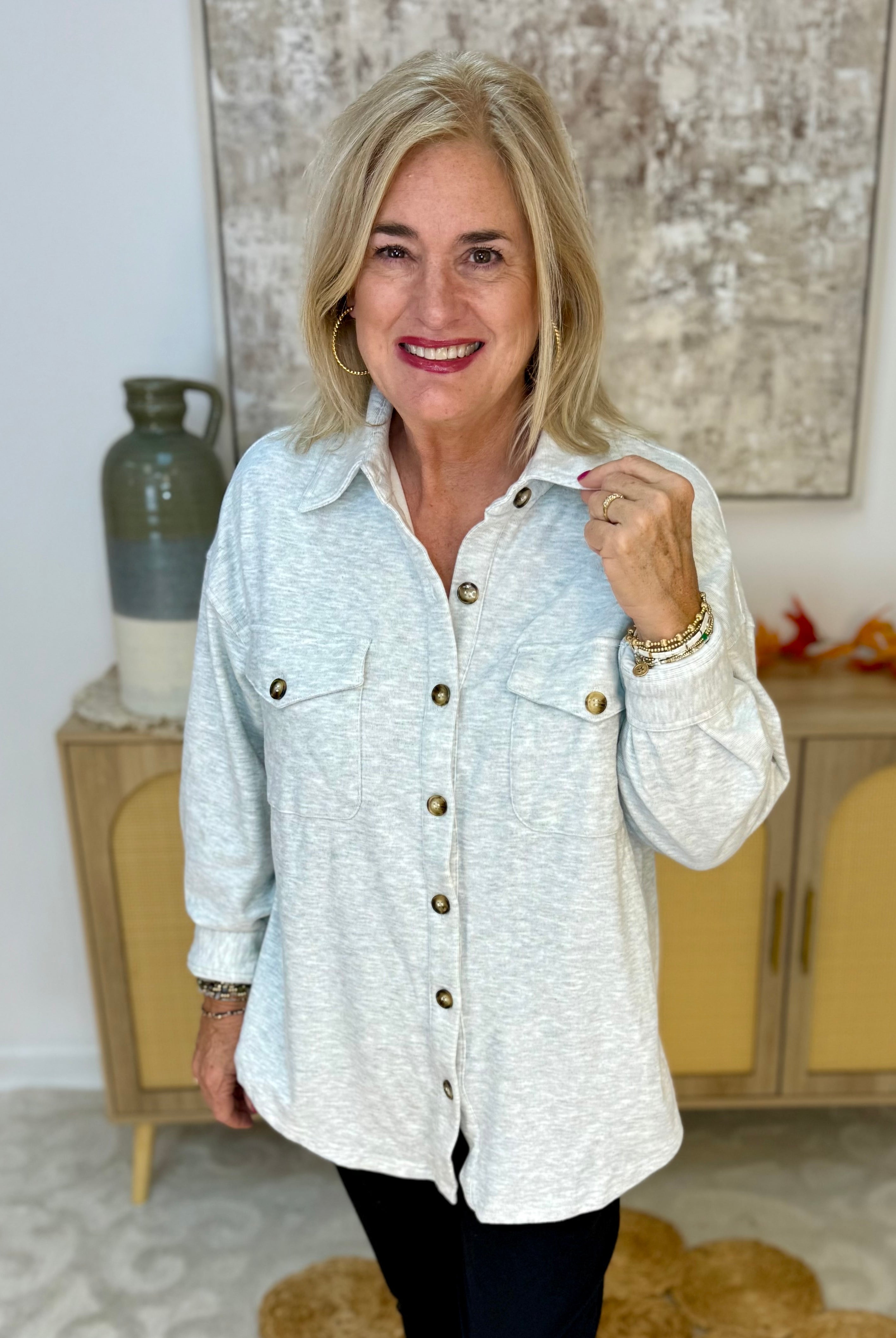 Cozy Season Button Down Shacket - Grey-170 Jackets/Outerwear-White Birch-The Lovely Closet, Women's Fashion Boutique in Alexandria, KY