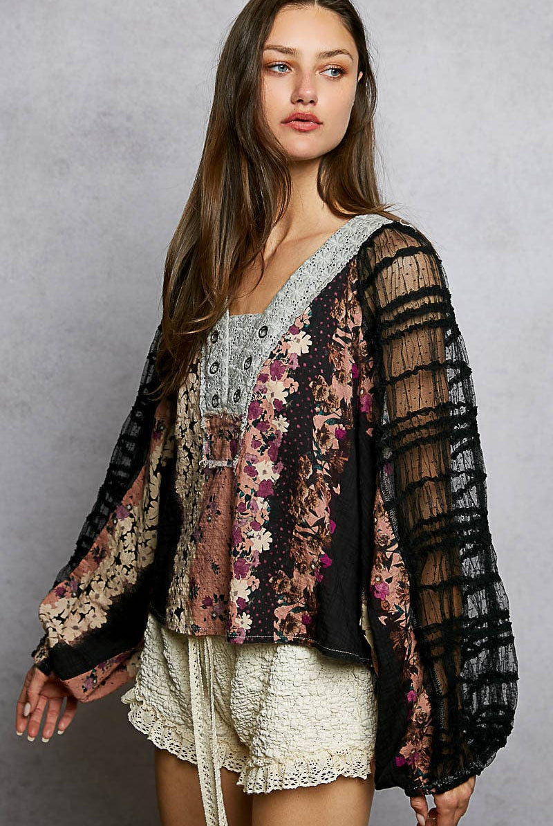 Long Sleeve Lace Contrast Printed Woven Top-110 Long Sleeve Top-Pol Clothing-The Lovely Closet, Women's Fashion Boutique in Alexandria, KY