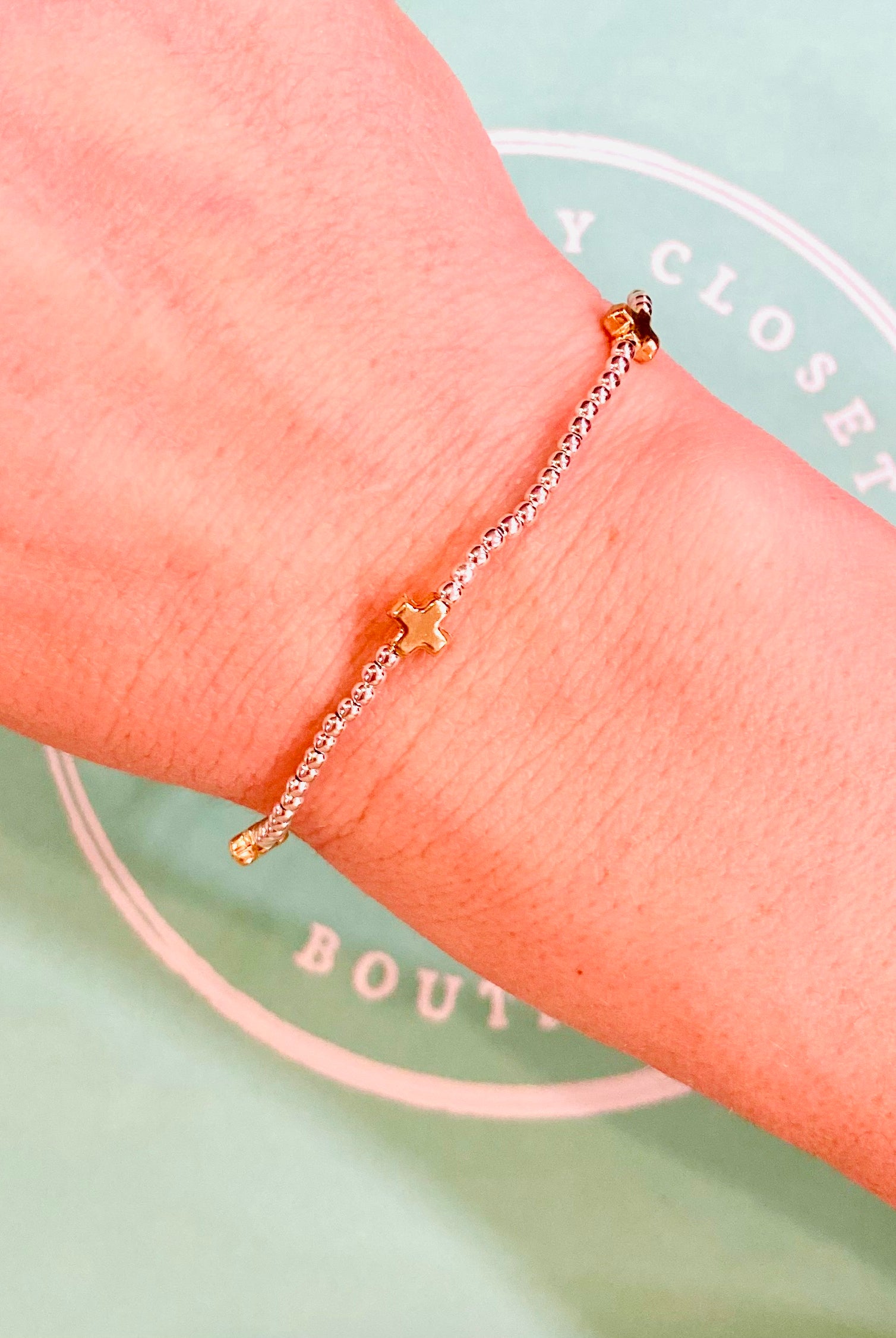 Small Signature Cross Pattern Mixed Metal 2mm Gold Bracelet-260 eNewton-enewton-The Lovely Closet, Women's Fashion Boutique in Alexandria, KY