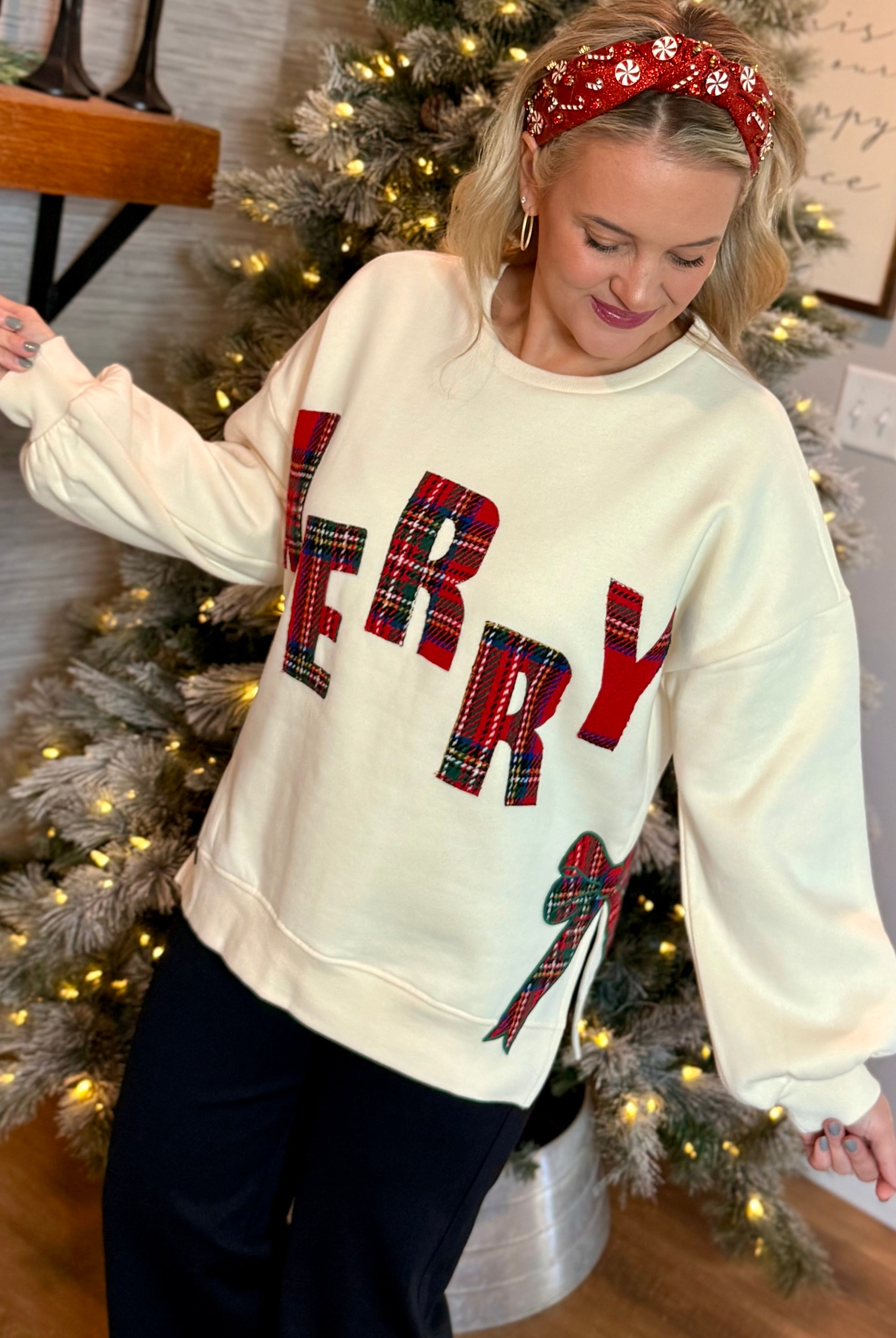 Plaid Merry Applique Pullover-110 Long Sleeve Top-Bibi-The Lovely Closet, Women's Fashion Boutique in Alexandria, KY