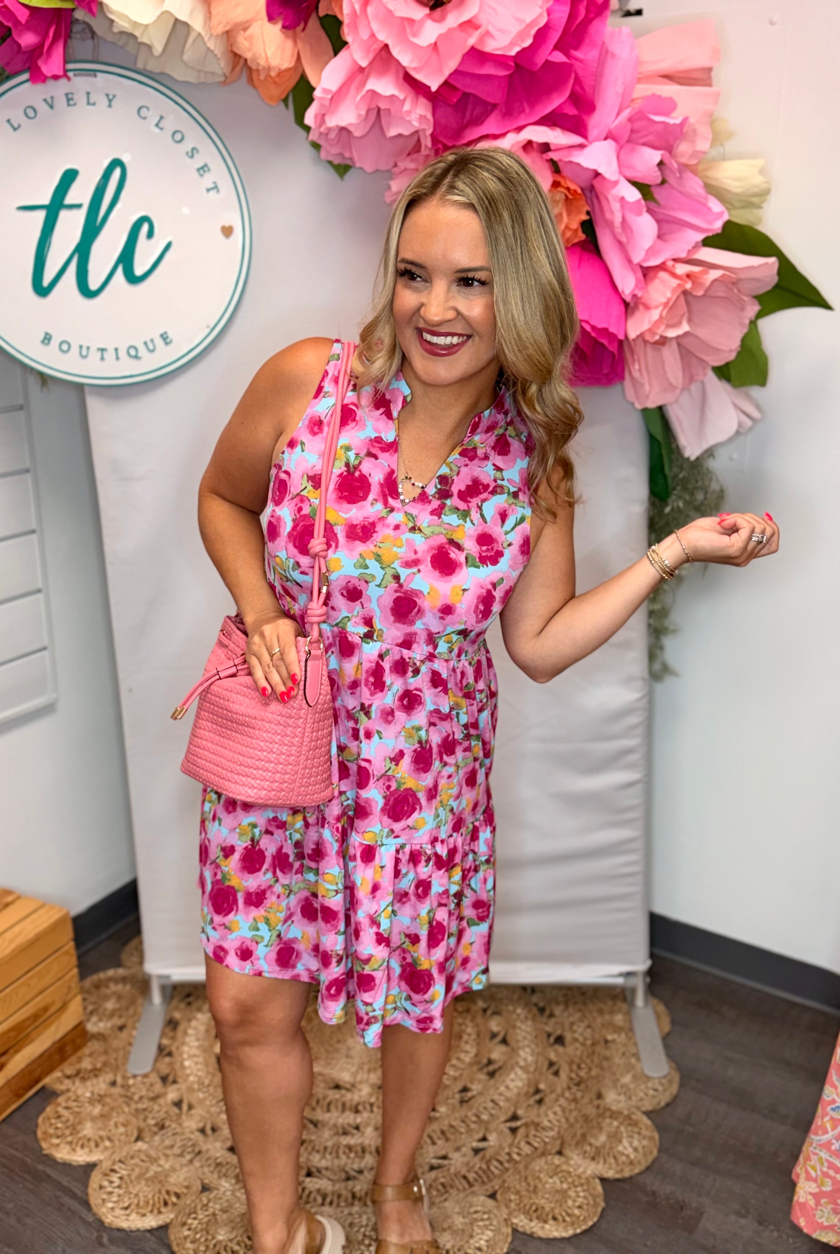 Pink Roses Lizzy Dress-180 Dresses-Dear Scarlett-The Lovely Closet, Women's Fashion Boutique in Alexandria, KY