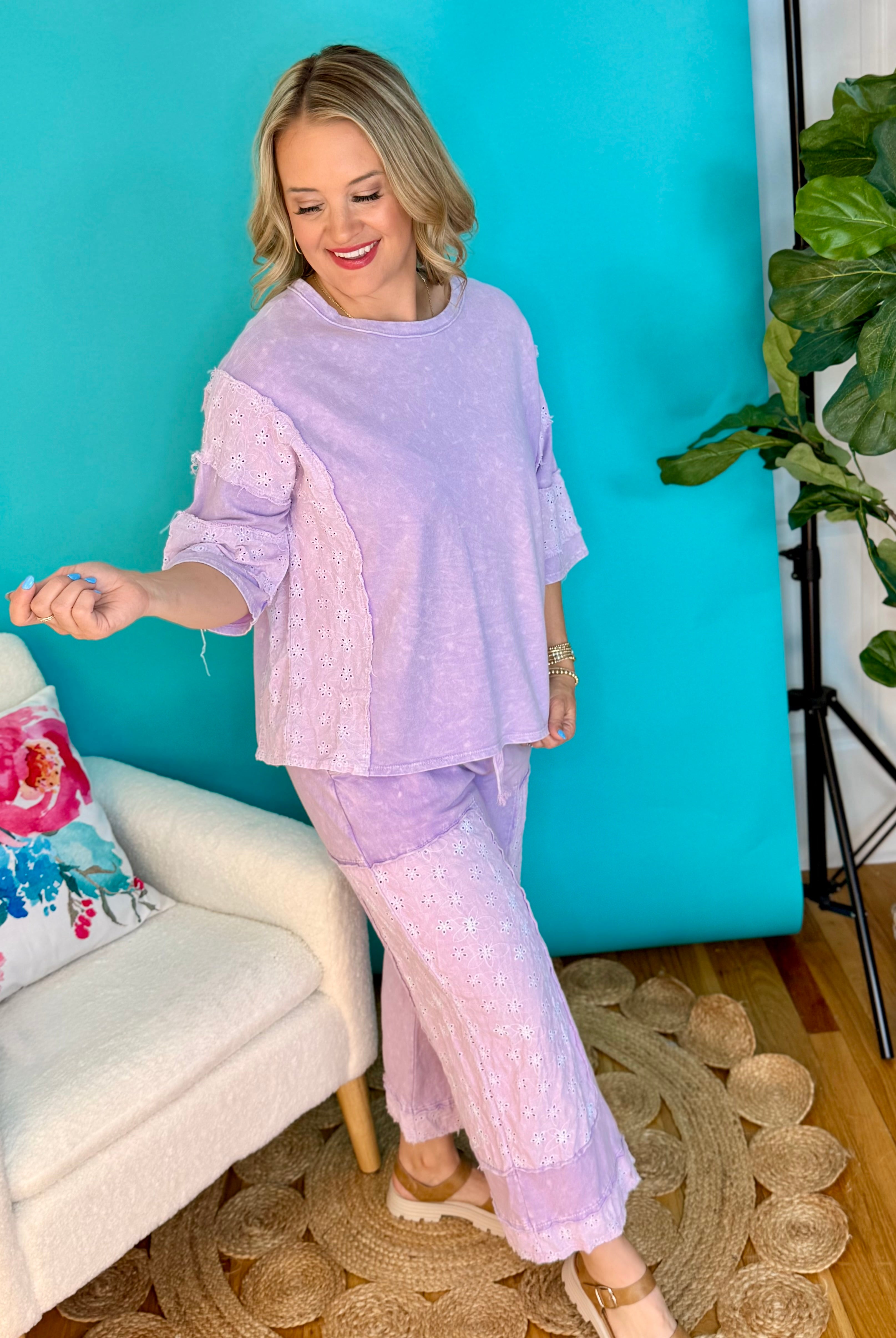 Mineral Washed Eyelet Lace Pants - Lavender-240 Pants-J.Her-The Lovely Closet, Women's Fashion Boutique in Alexandria, KY