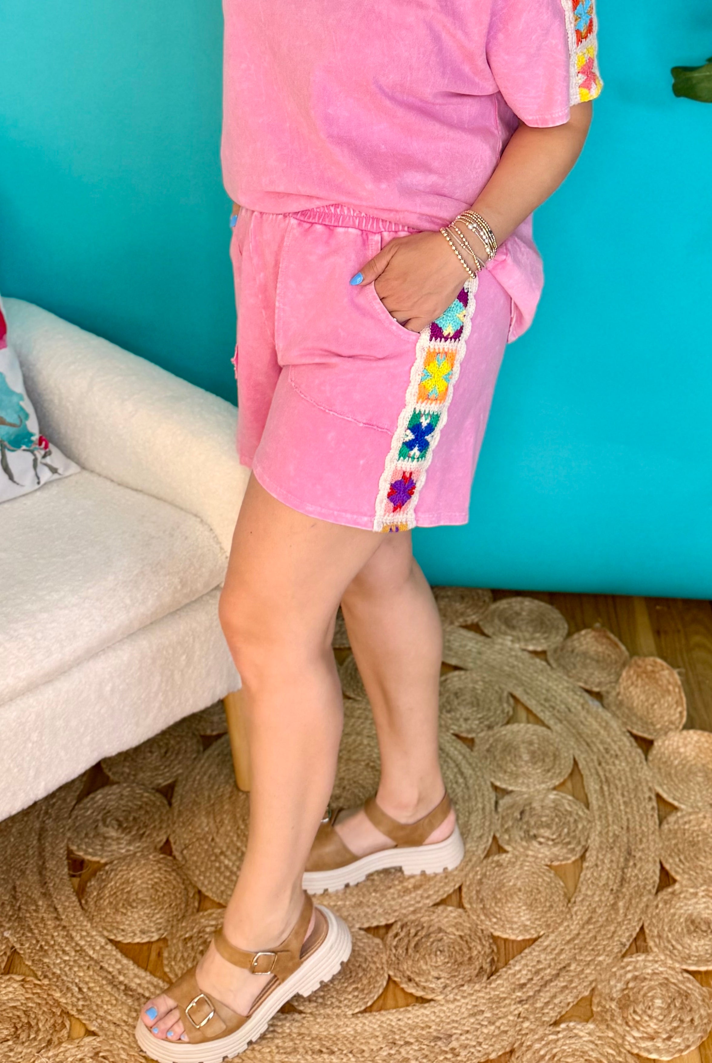 Mineral Washed Crochet Patch Shorts-230 Skirts/Shorts-J.Her-The Lovely Closet, Women's Fashion Boutique in Alexandria, KY