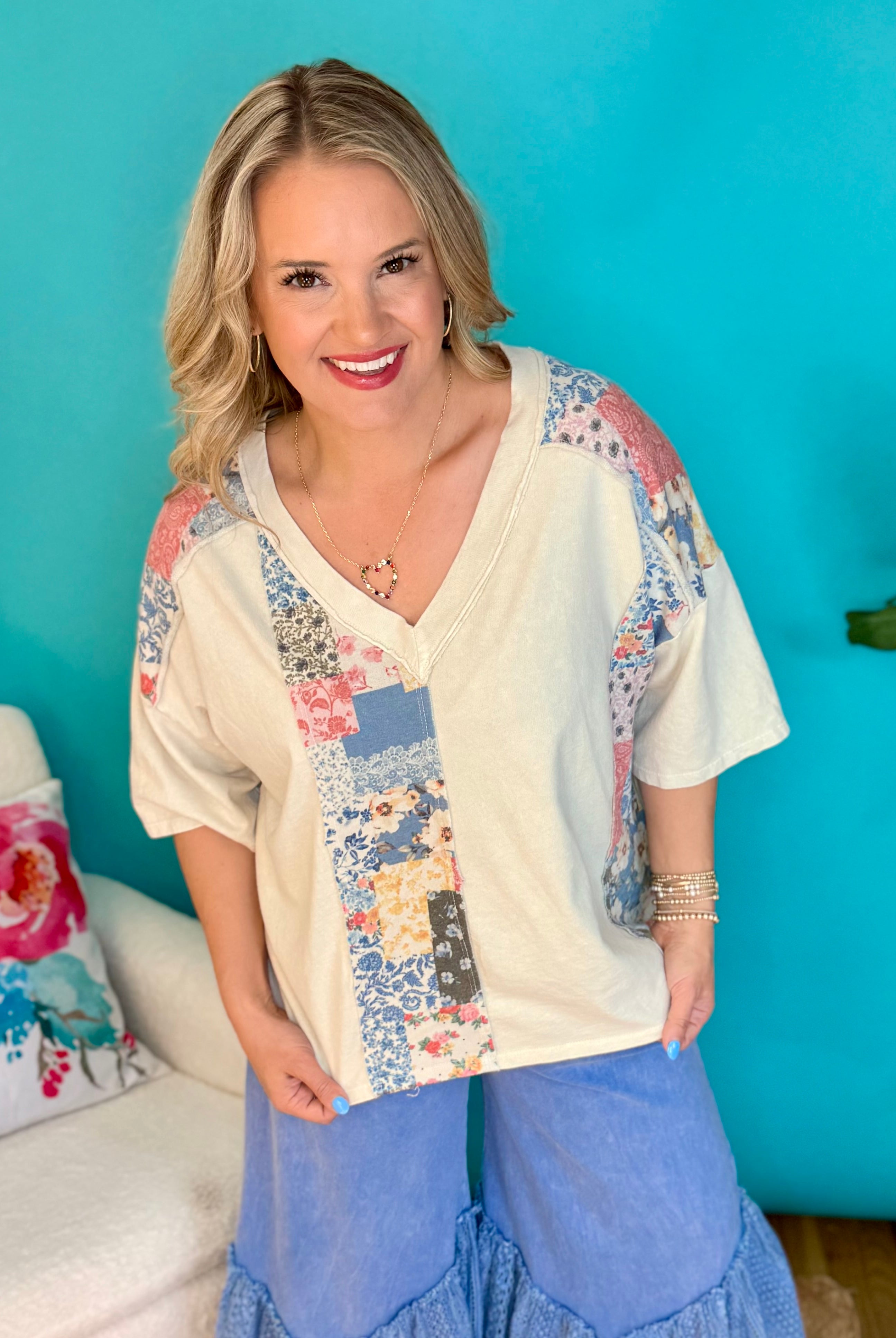 Mineral Washed Flower Print Top - Neutral-100 Short Sleeve Tops-J.Her-The Lovely Closet, Women's Fashion Boutique in Alexandria, KY