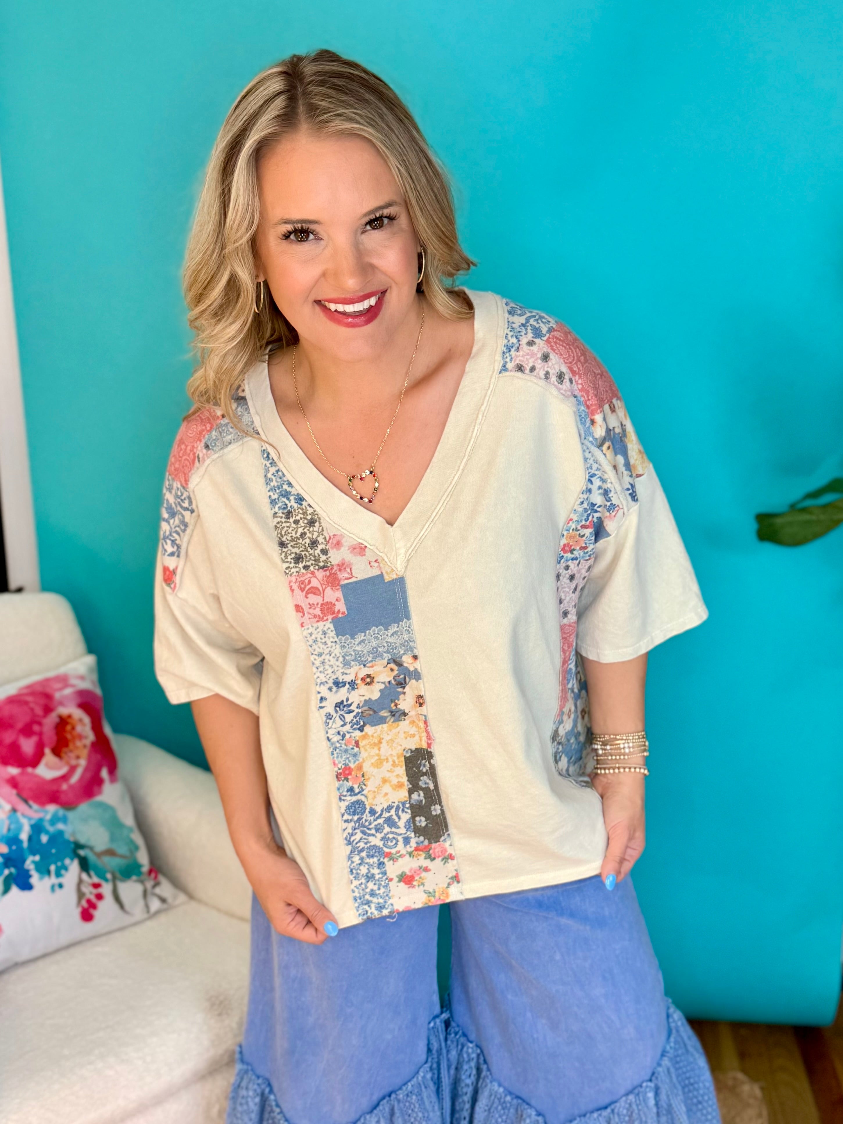 Mineral Washed Flower Print Top - Neutral-100 Short Sleeve Tops-J.Her-The Lovely Closet, Women's Fashion Boutique in Alexandria, KY