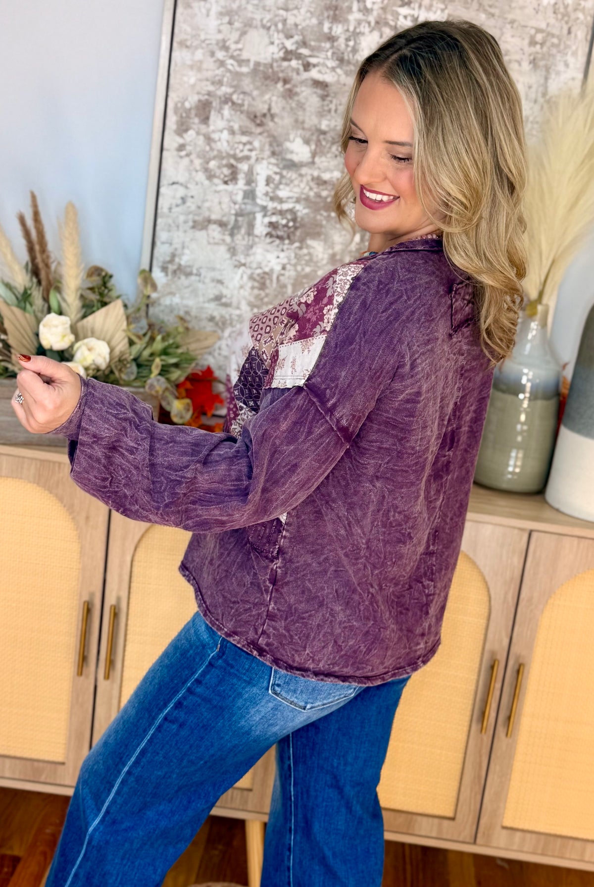 Mineral Wash Patchwork Swirl Top-110 Long Sleeve Top-jHer-The Lovely Closet, Women's Fashion Boutique in Alexandria, KY